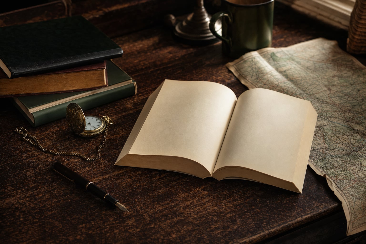 Open blank novel beside a pocket watch, map, and fountain pen on a walnut desk