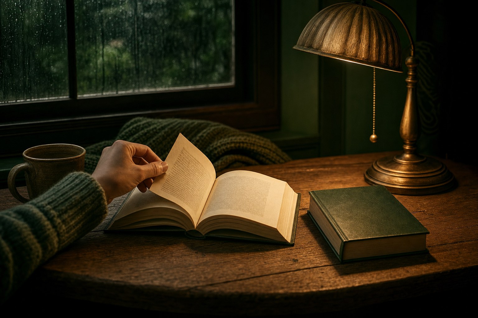 Reader turning a page beside a lamp on a rainy evening