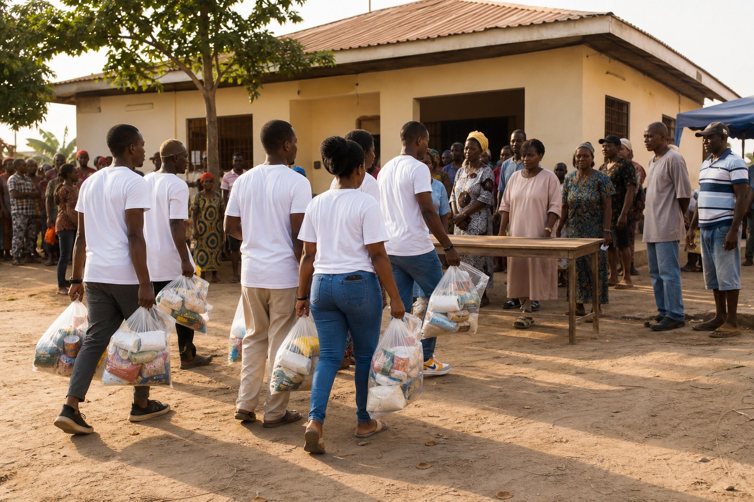 Illustrative volunteers bringing food parcels to a community collection point
