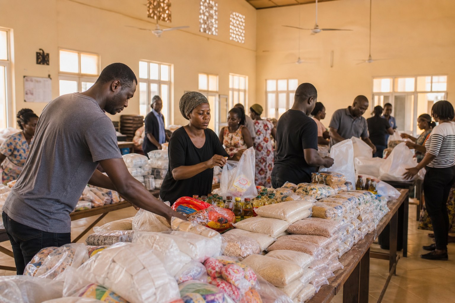 Illustrative community food donation scene in Lagos