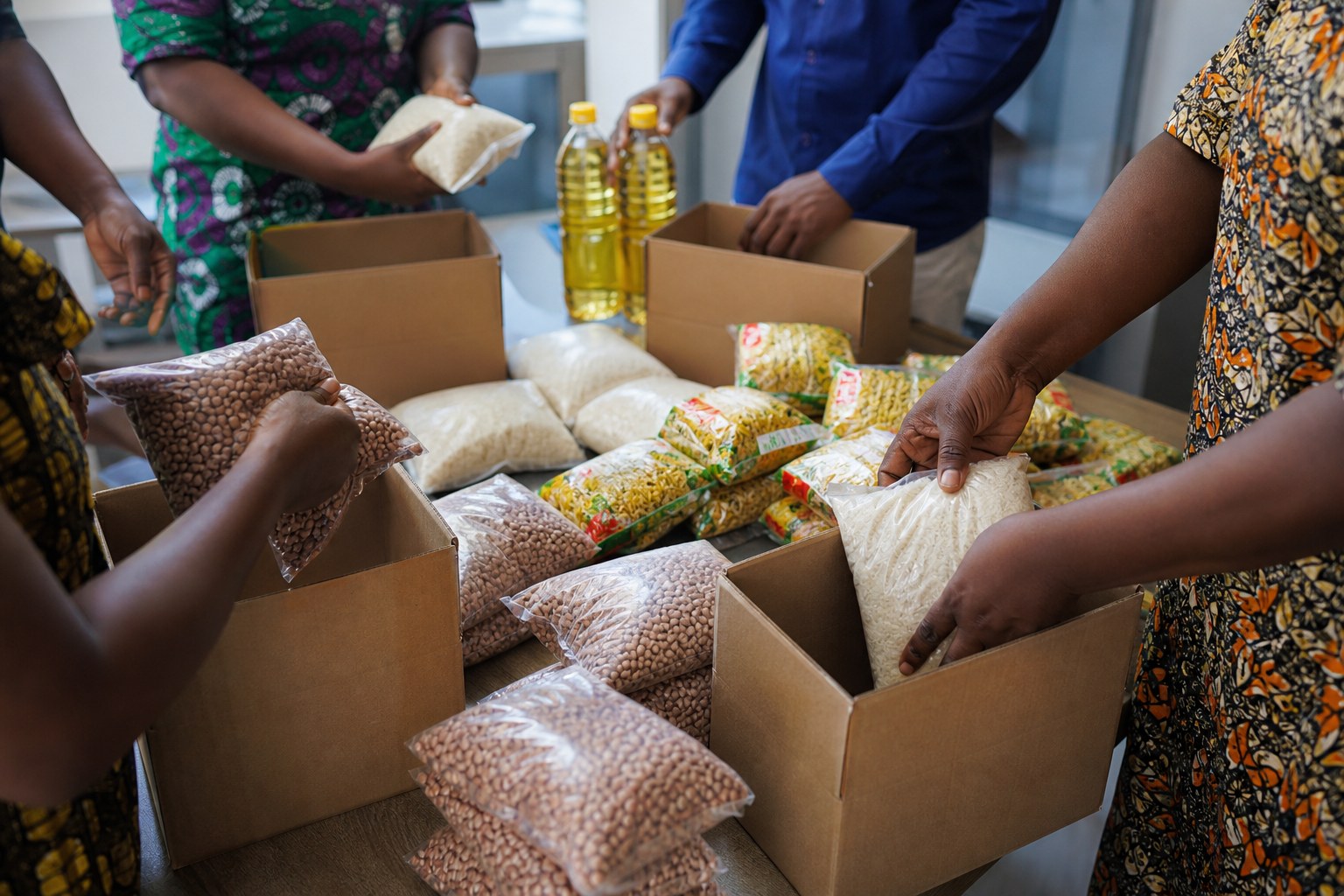Illustrative staple foods being sorted into donation cartons
