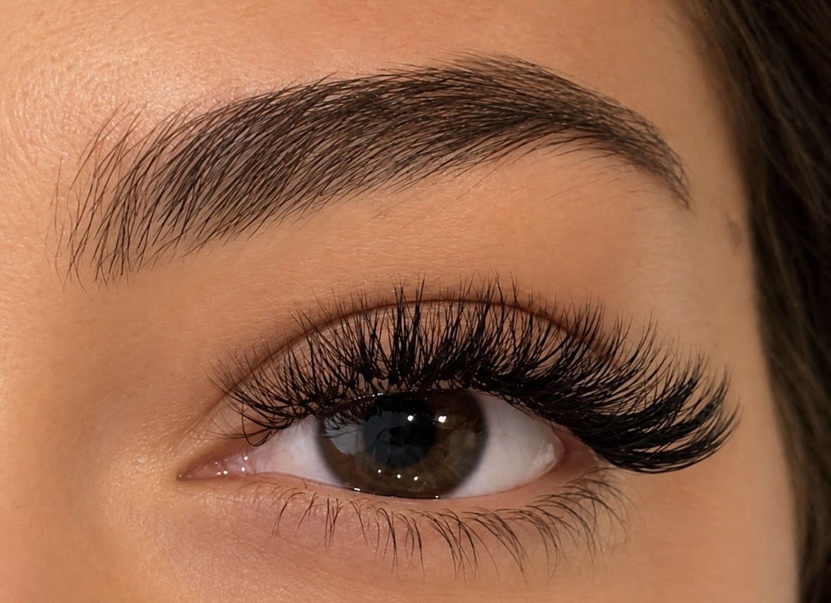 Close-up of a full volume lash extension result