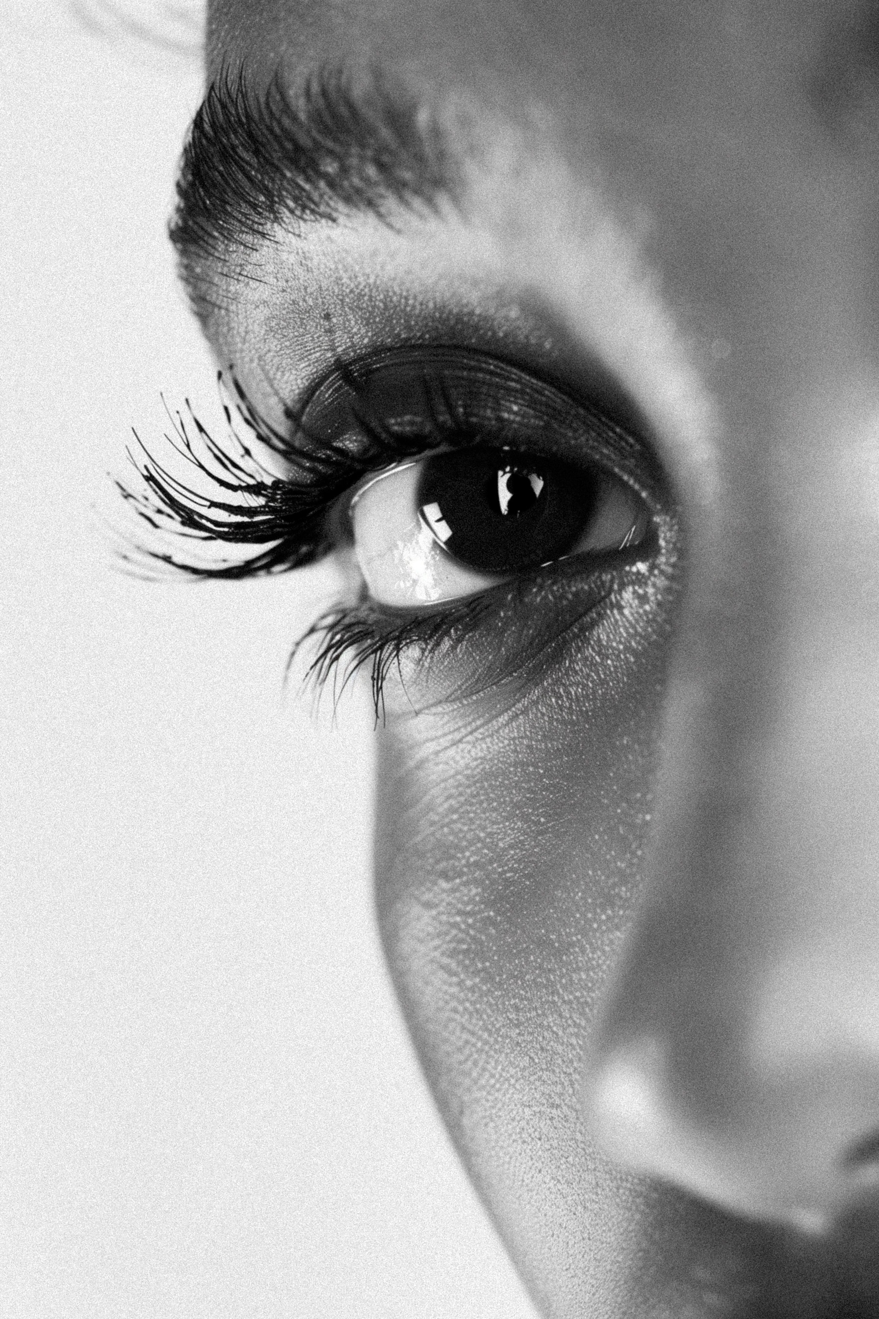 Black-and-white close-up of styled eyelashes
