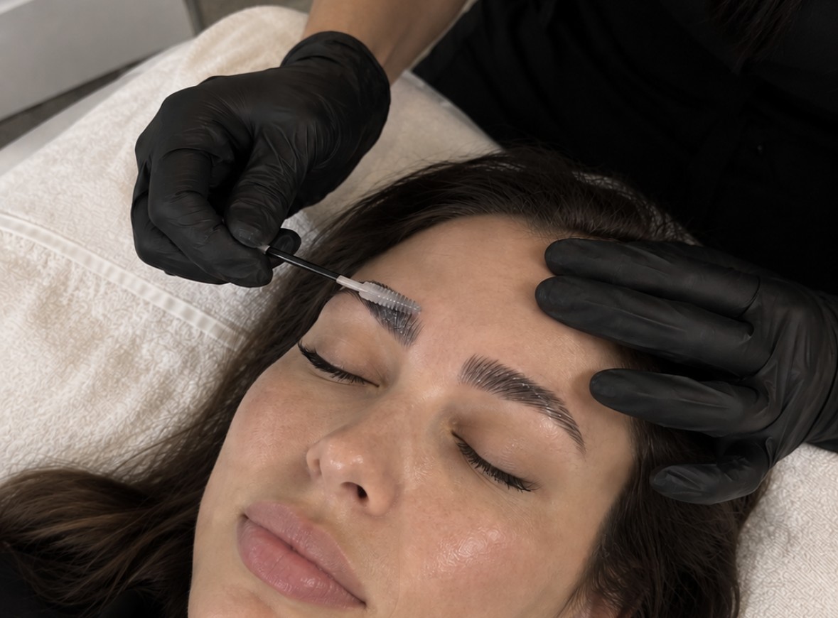 Brow artist applying a brow lamination treatment