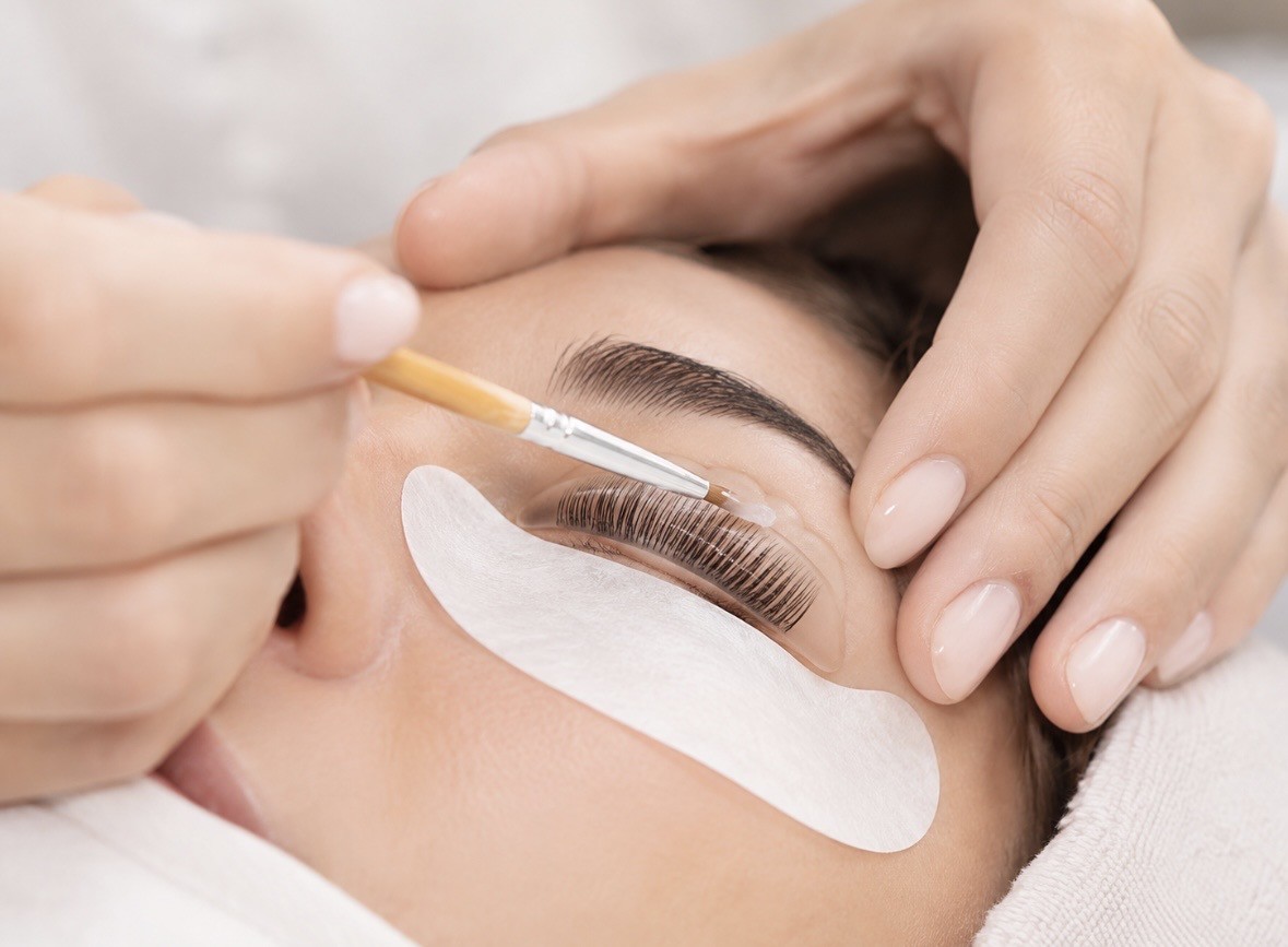 Close-up of a lash lift and tint treatment in progress