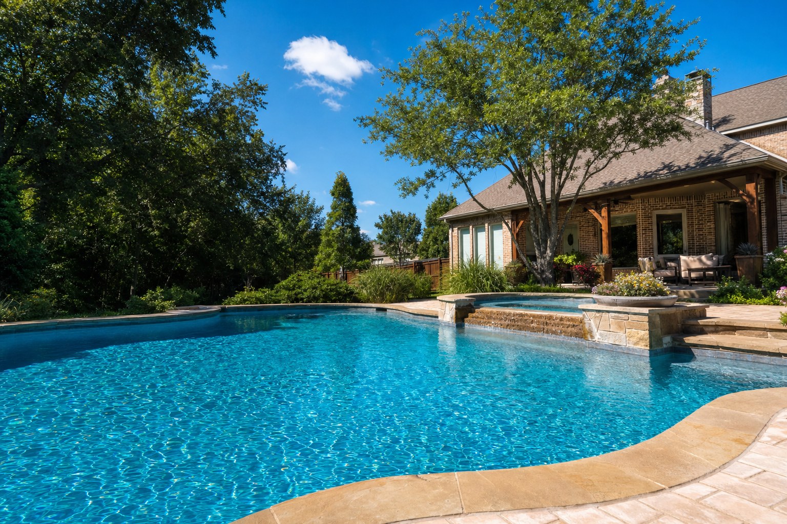 Sparkling residential backyard pool under a bright Texas sky
