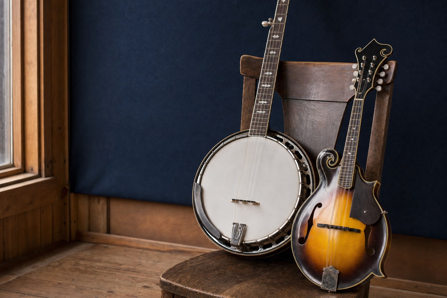 Five-string banjo and mandolin in a rehearsal room
