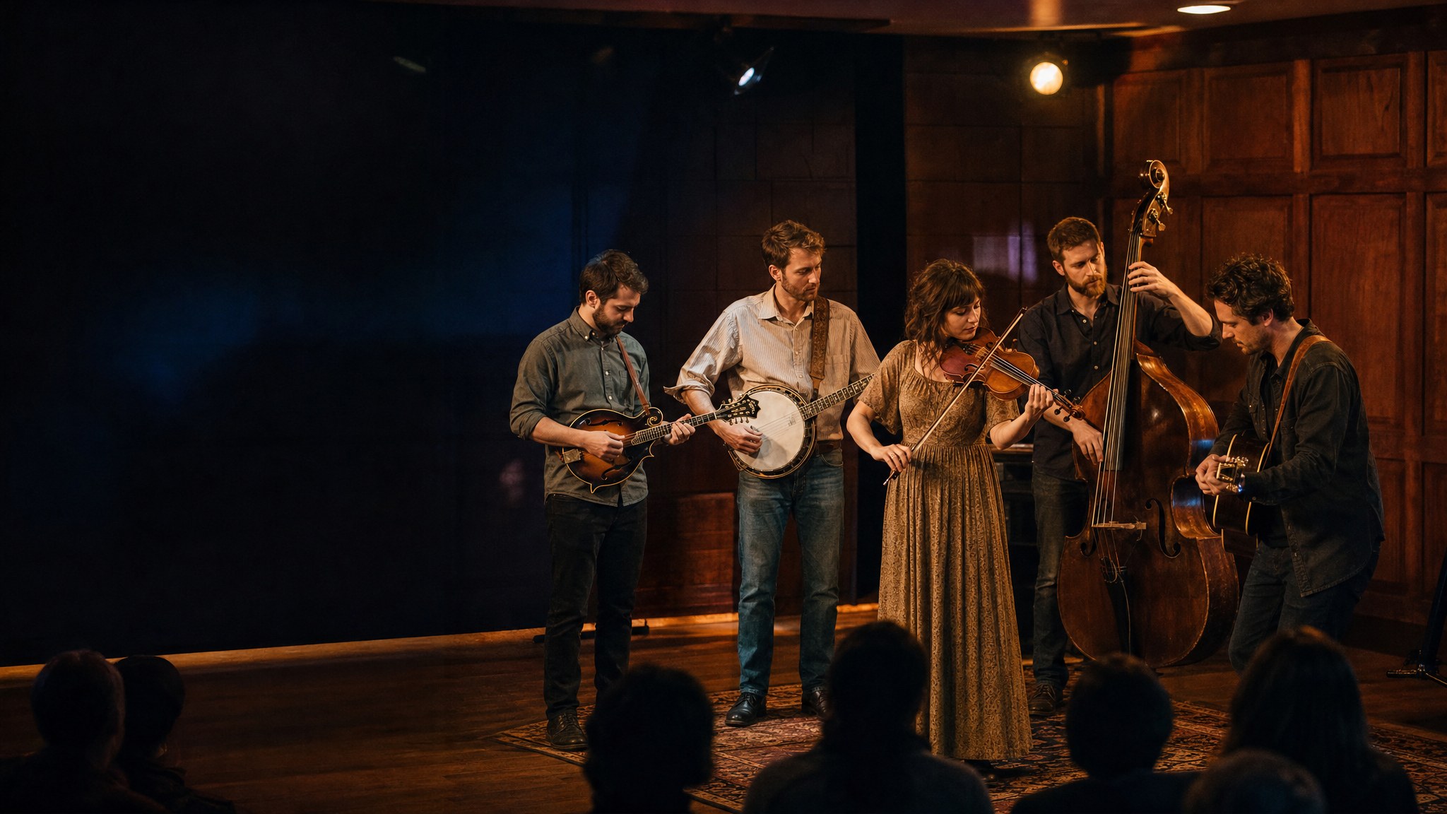 Acoustic string band playing banjo, mandolin, fiddle, bass and guitar in a listening room