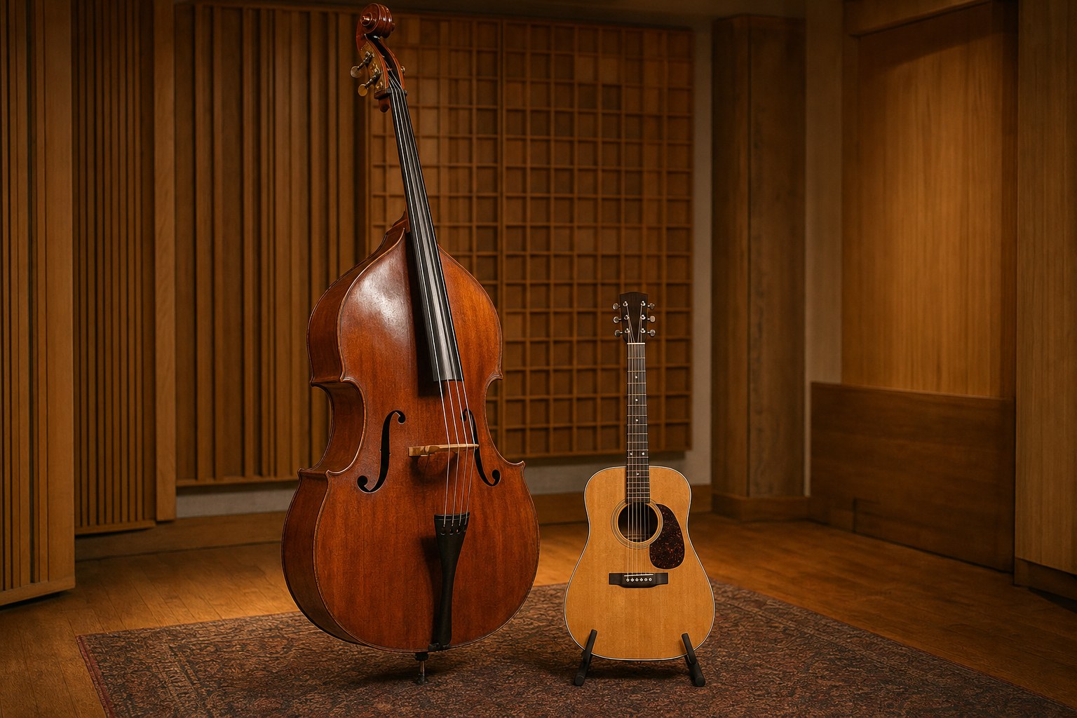 Upright bass and acoustic guitar in a wood-paneled rehearsal room