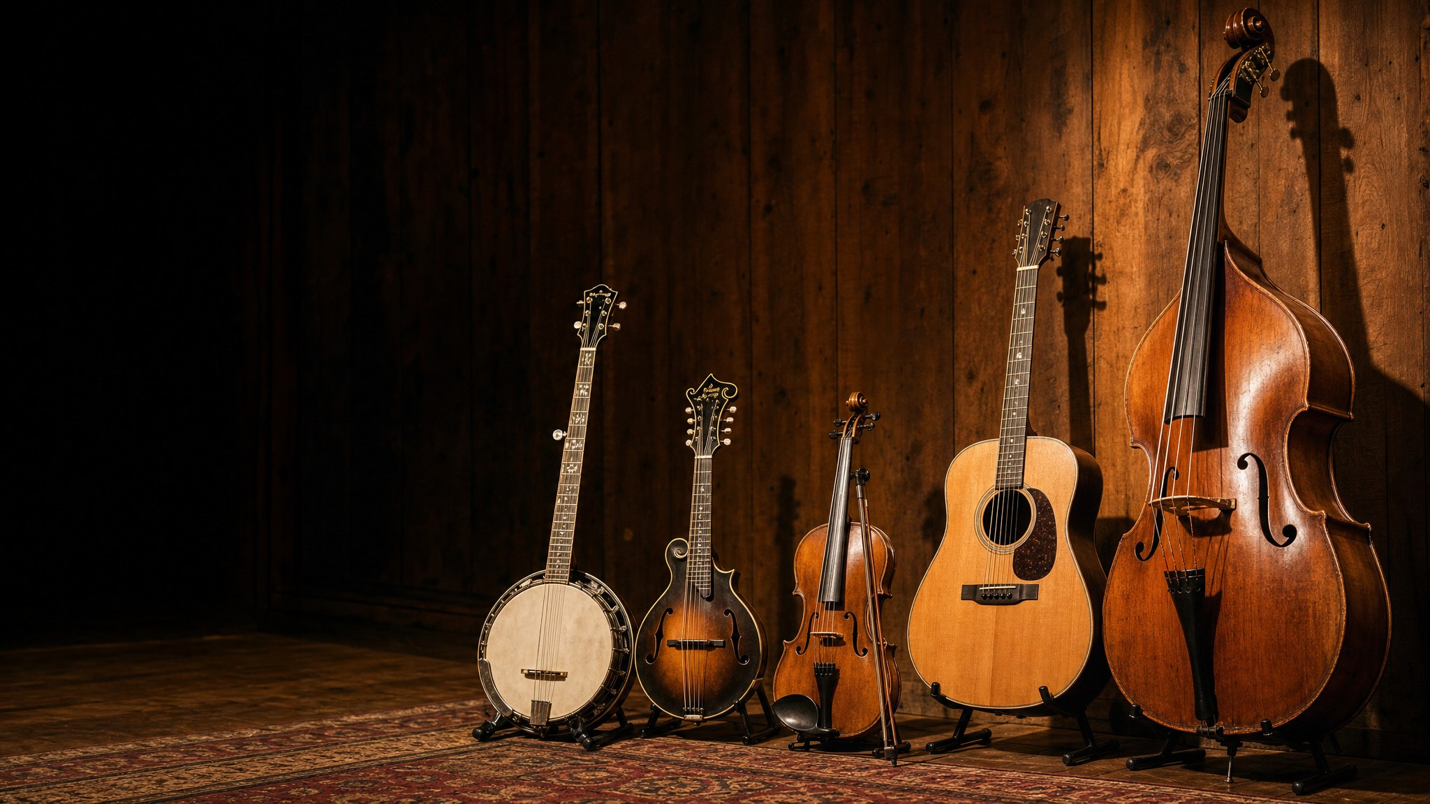 Five-string banjo, mandolin, fiddle, acoustic guitar and upright bass prepared for an acoustic performance