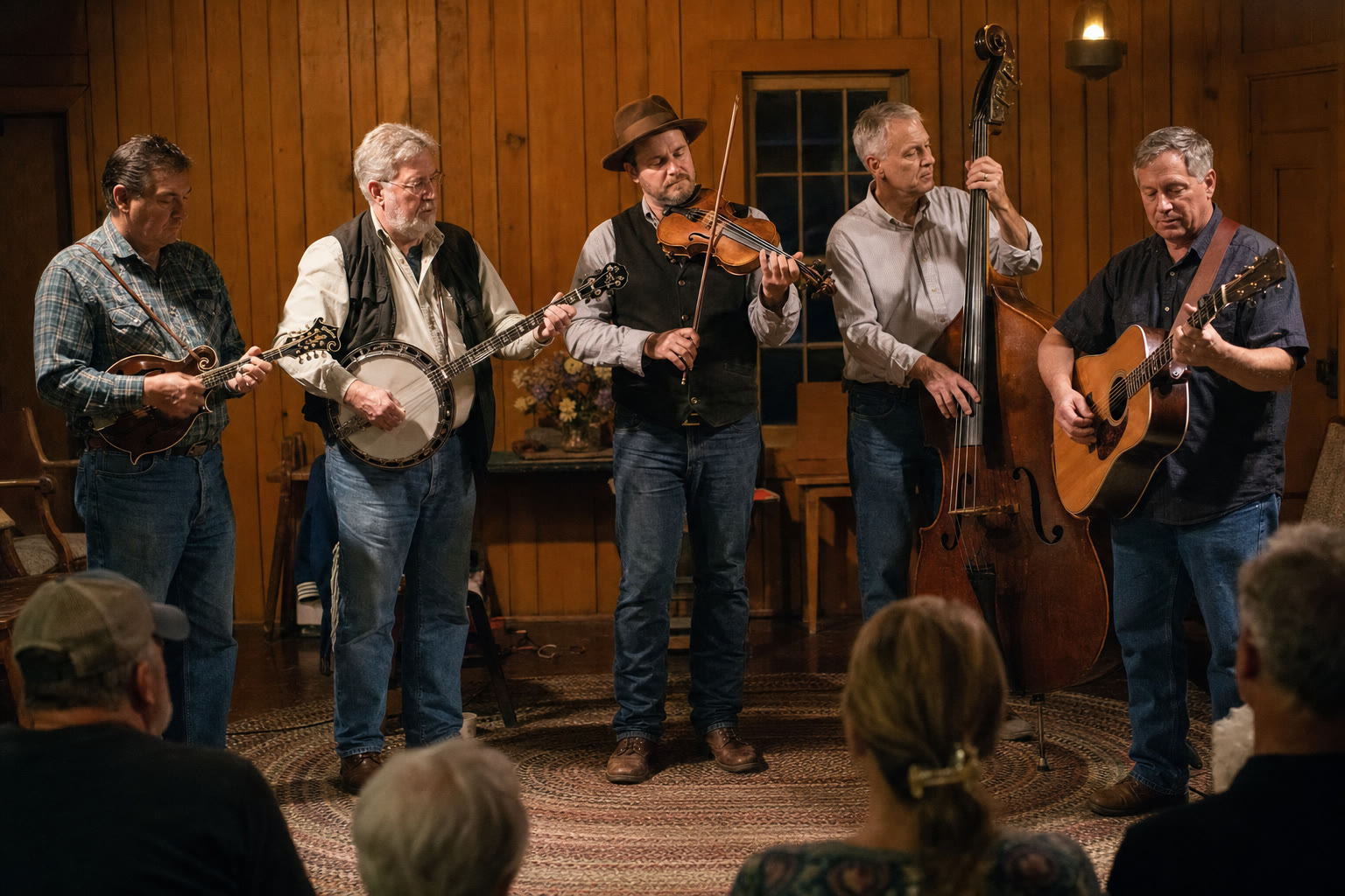 Acoustic string band playing mandolin, banjo, fiddle, bass and guitar together