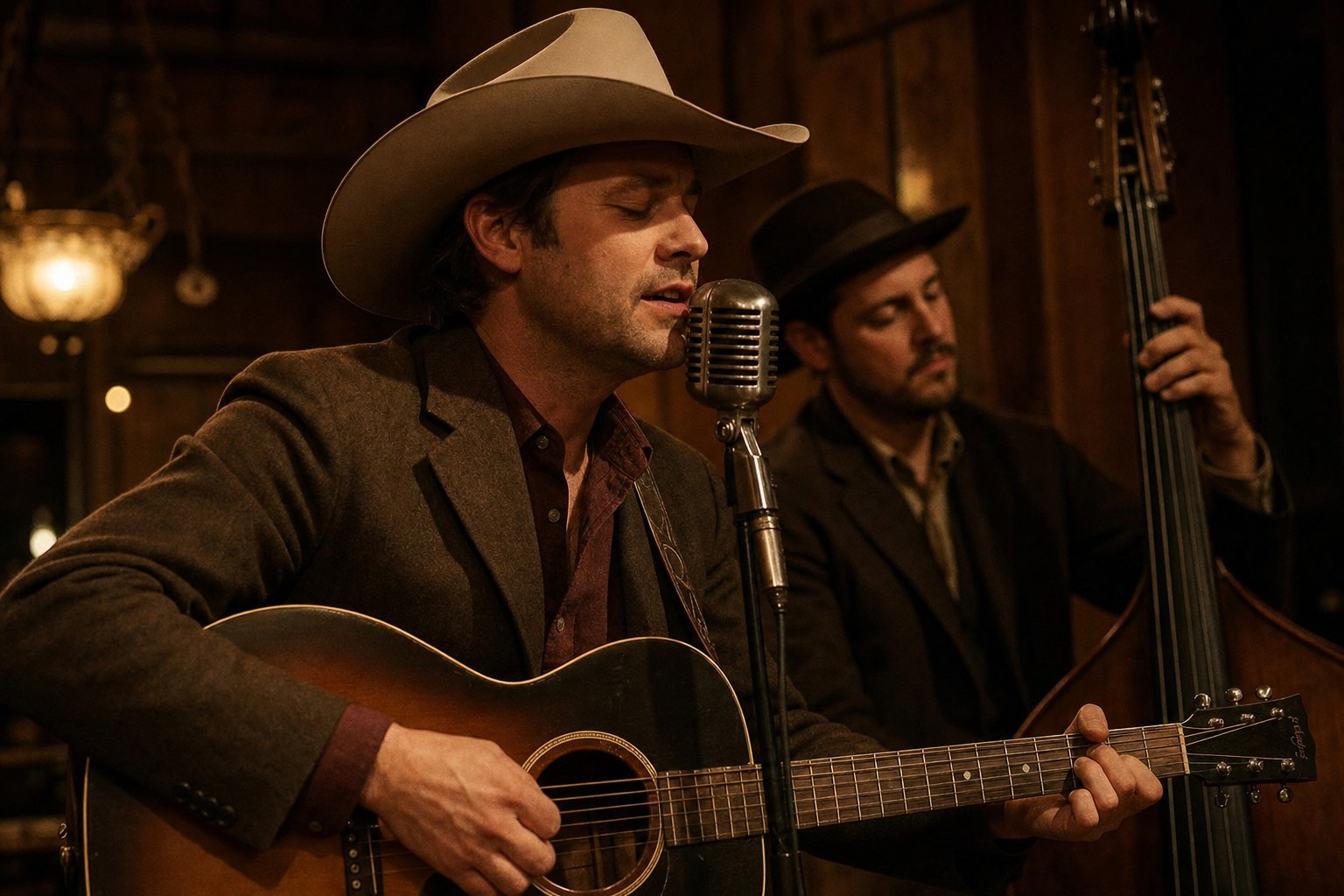 Singer playing acoustic guitar at a vintage microphone with an upright bass player behind him