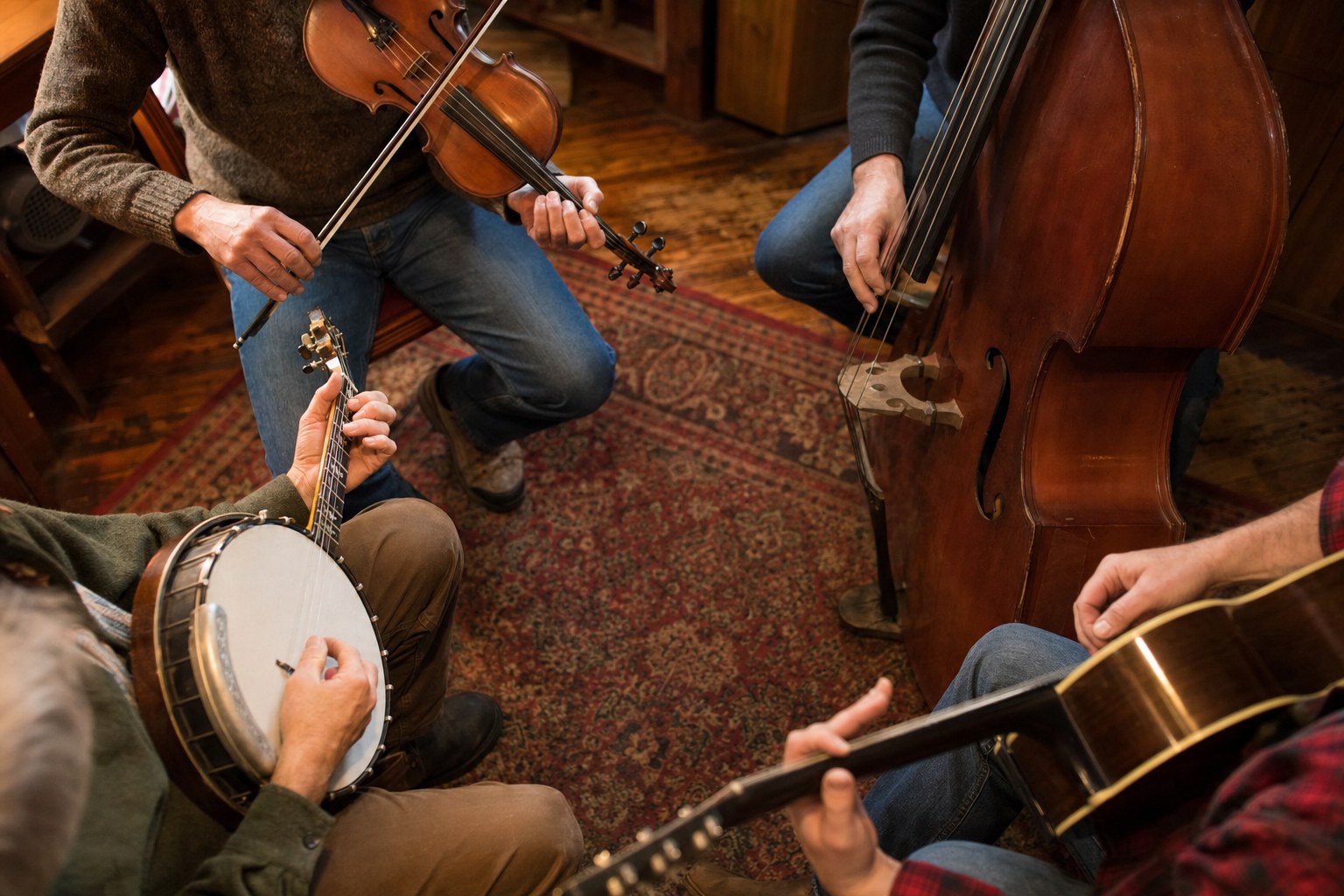 Acoustic musicians playing banjo, fiddle, upright bass and guitar in a roots music jam session