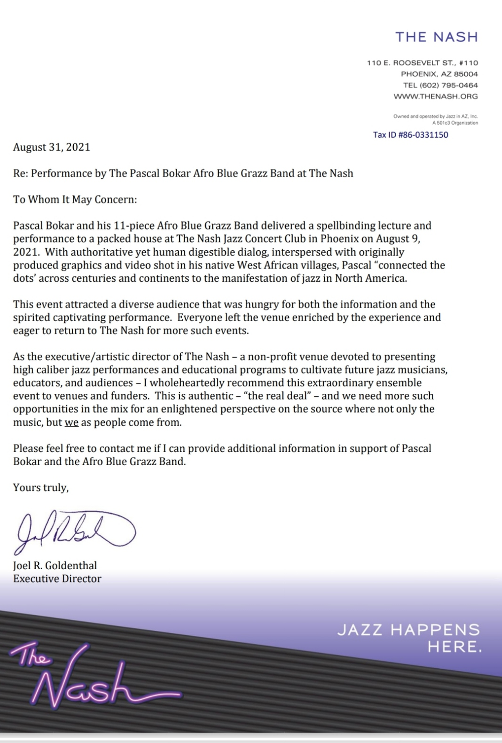 Letter from The Nash Jazz Concert Club