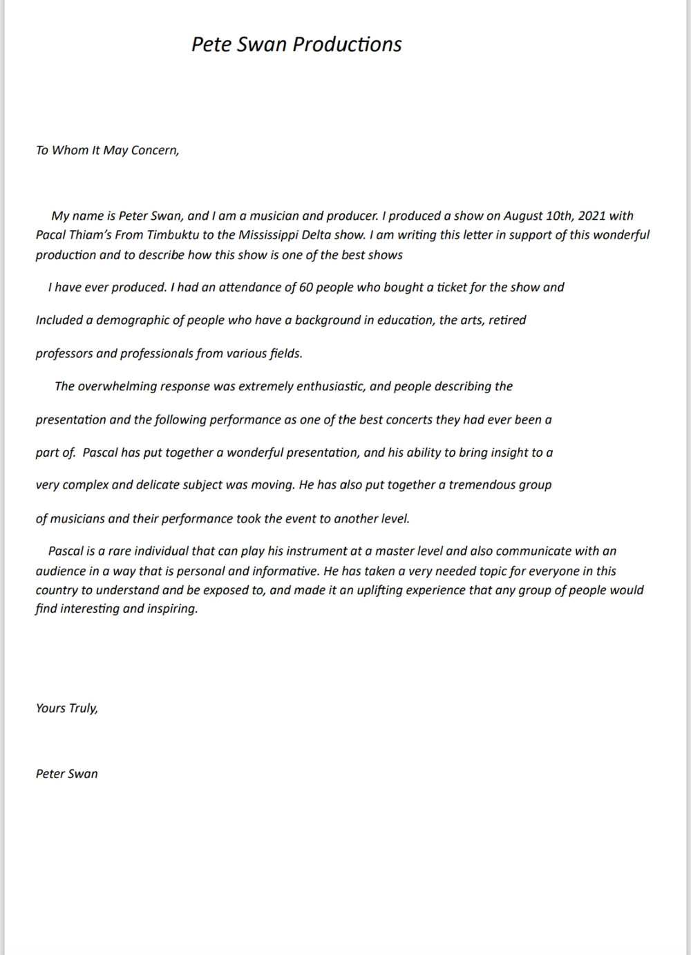 Letter from Pete Swan Productions