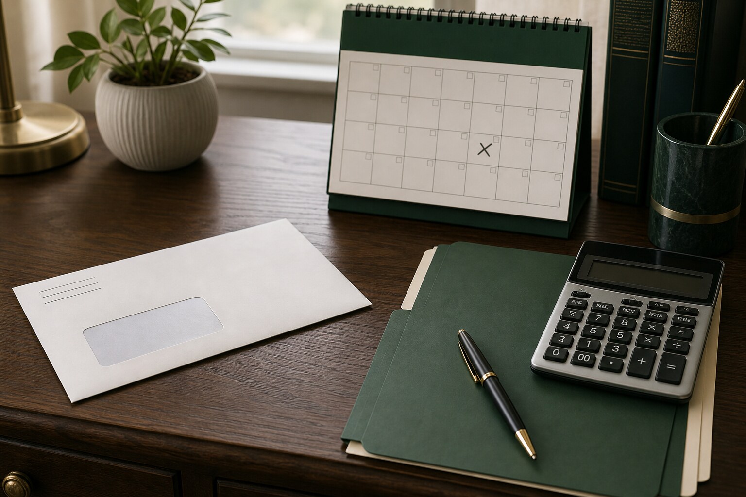 Generic tax correspondence, calendar, calculator, and green file folder arranged on a desk