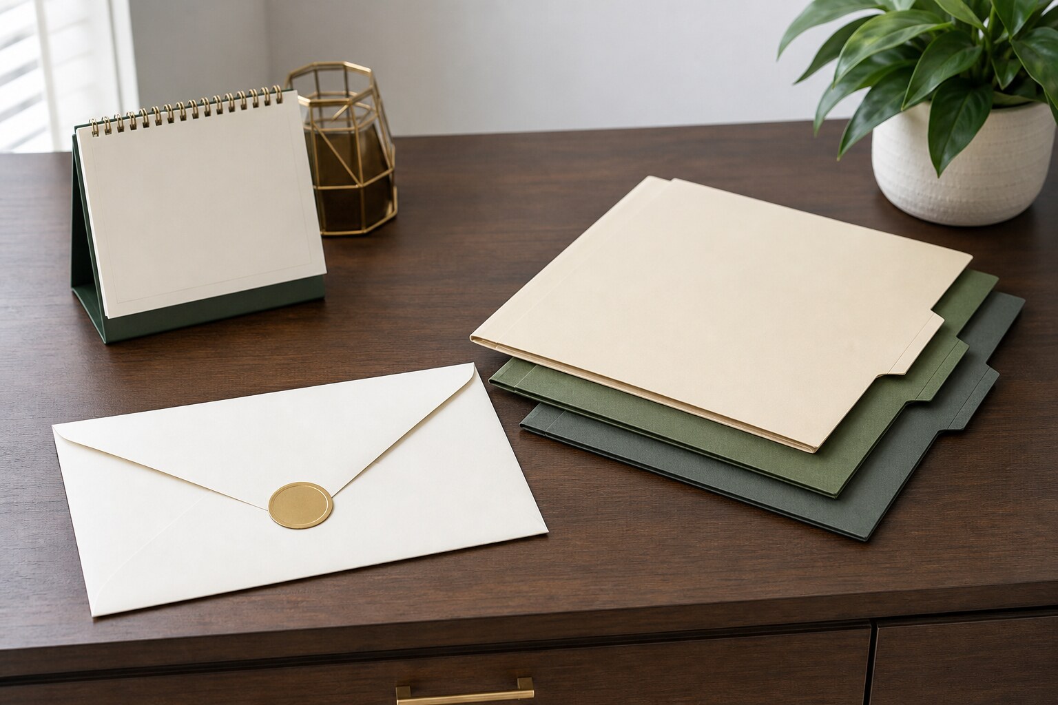 Generic sealed correspondence, calendar, and organized folders on a desk