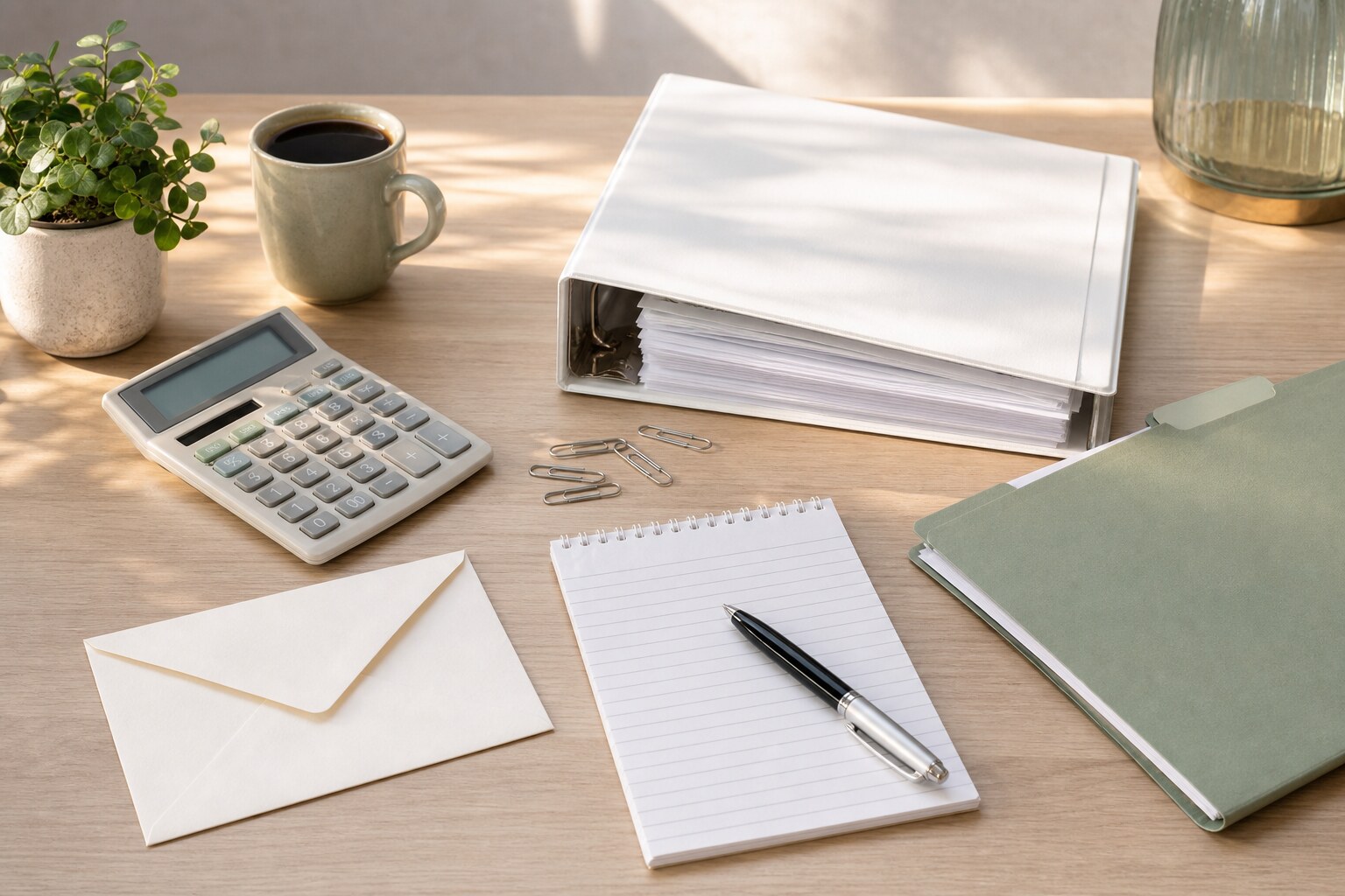 Generic tax correspondence, calculator, notebook, binder, and file folder prepared for review