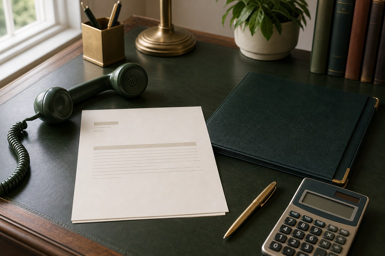 Telephone handset, generic correspondence, folder, and calculator arranged for a careful tax review