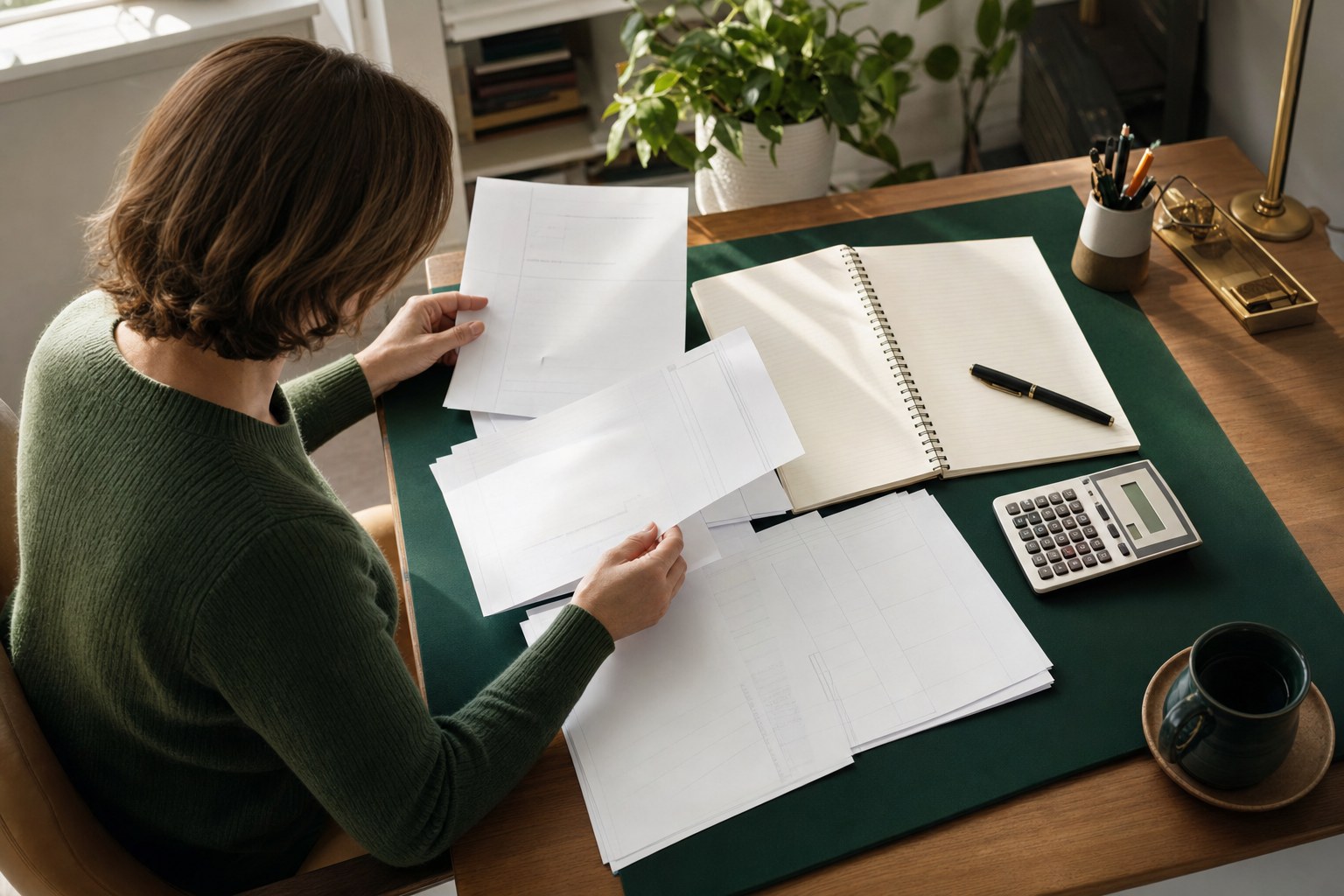 Person organizing generic financial records, a budget notebook, and calculator at a home desk