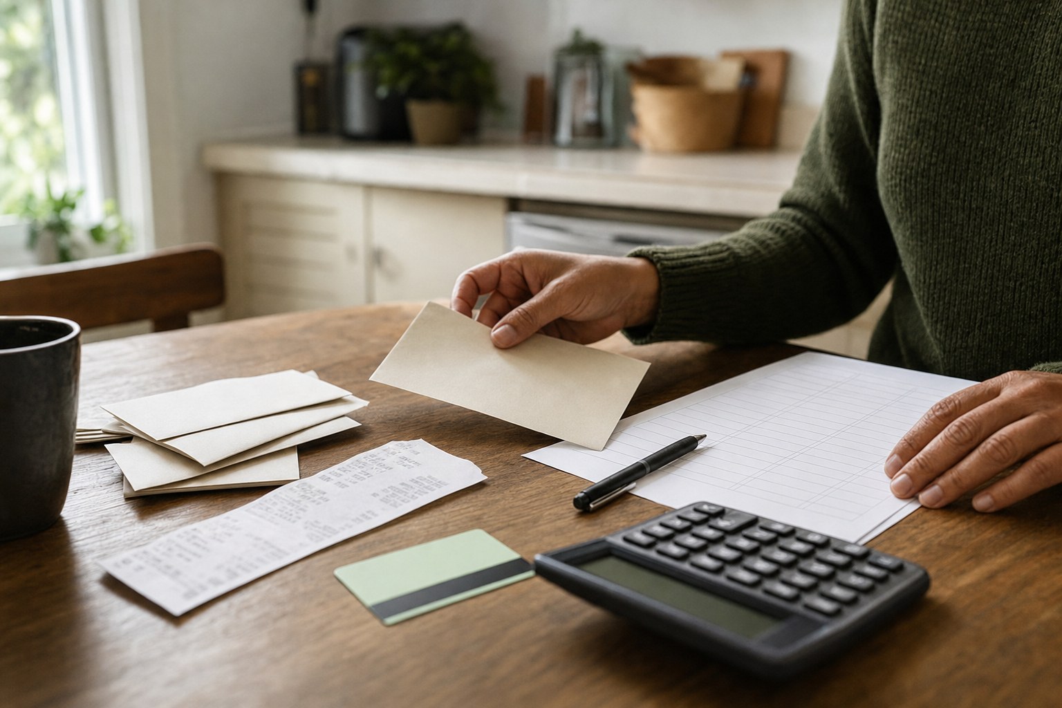 Person reviewing household expenses, envelopes, receipts, a budget worksheet, and calculator at a kitchen table