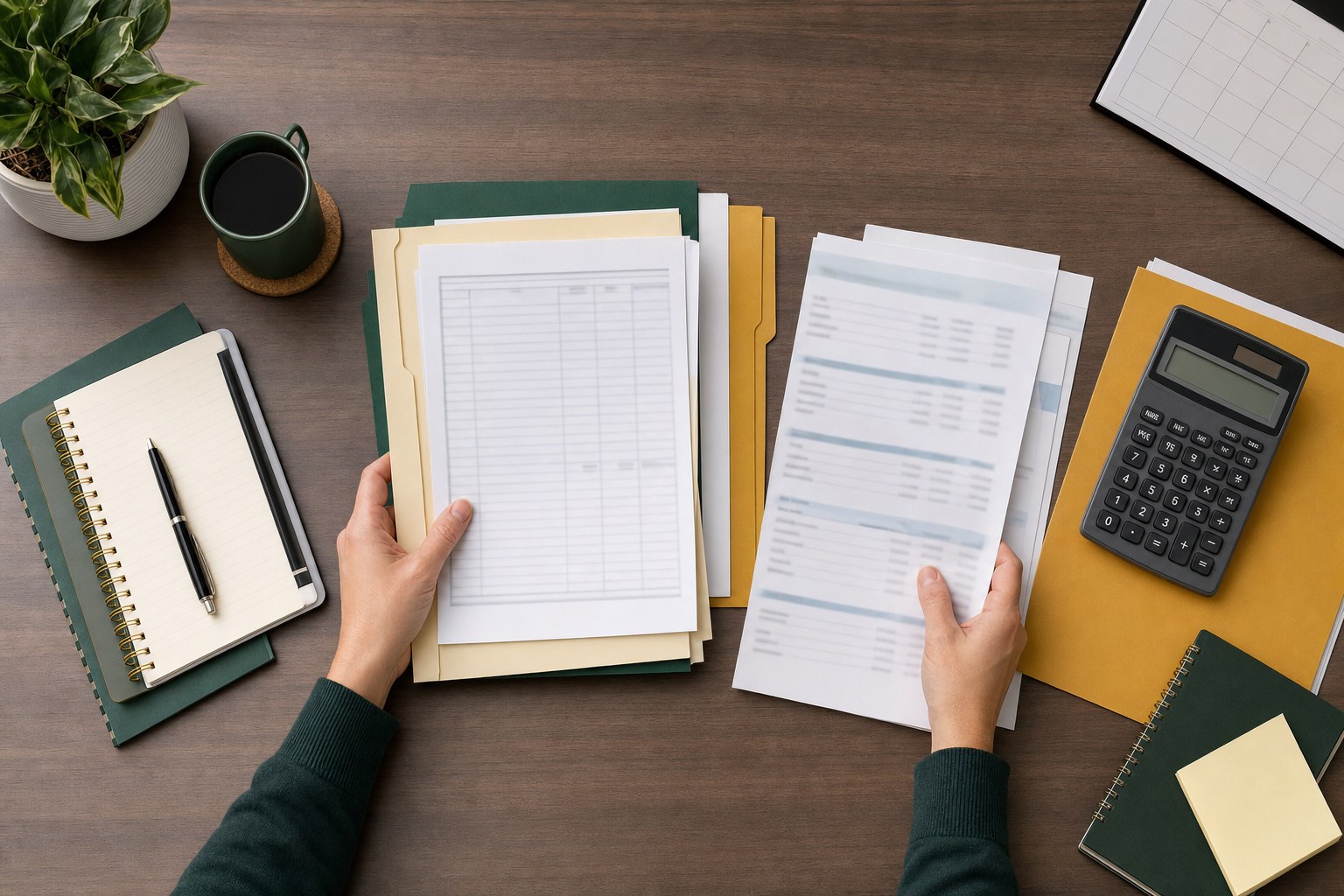 Hands sorting generic financial documents, folders, a notebook, and calculator on an organized desk