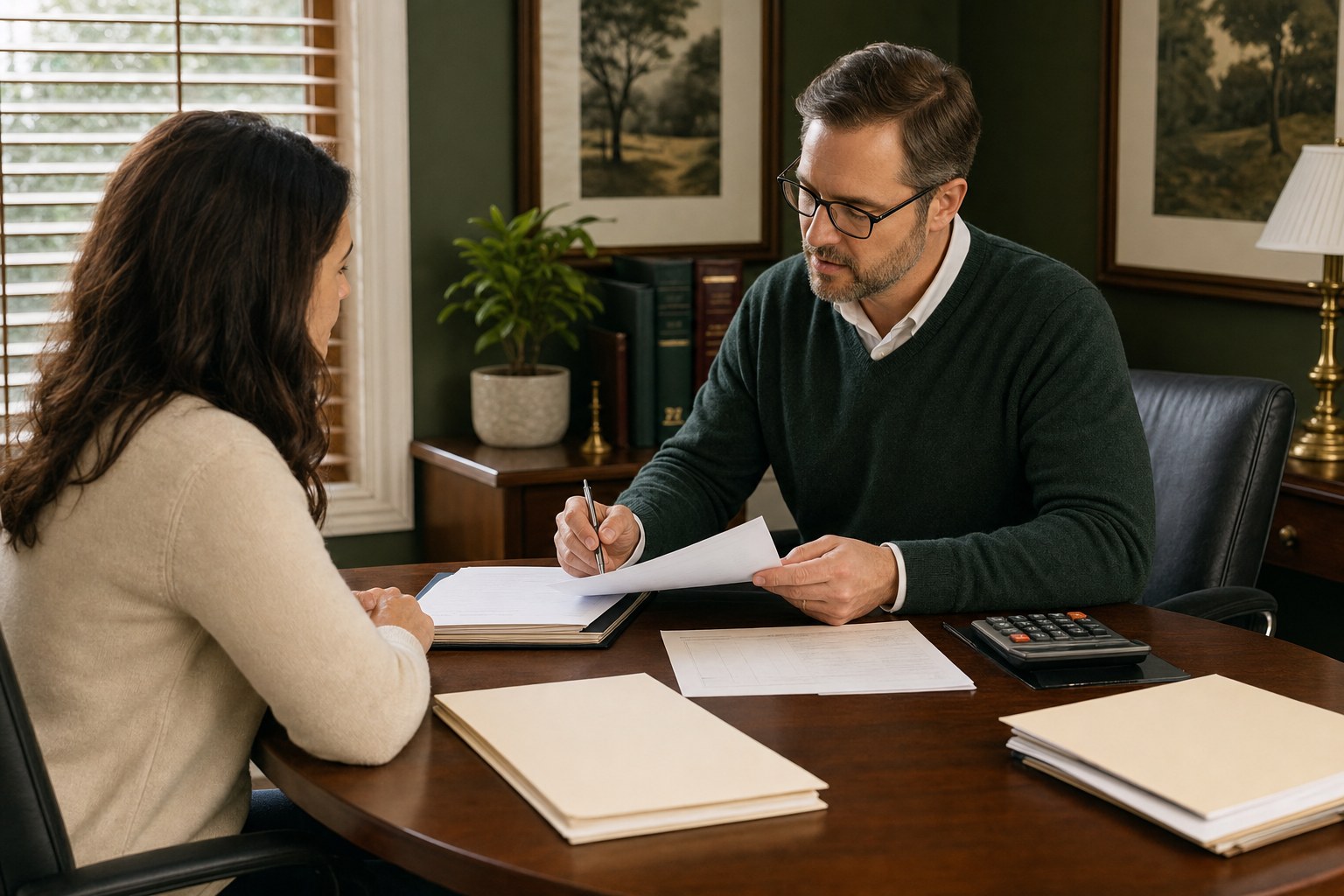 Tax professional and client calmly reviewing generic financial records in a private office