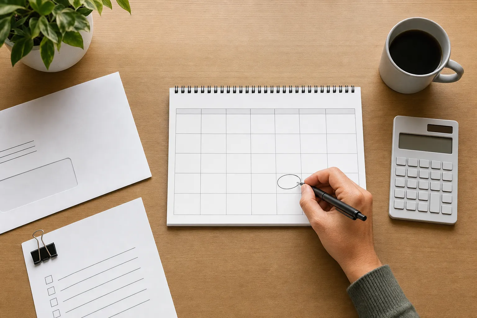 Hand marking a deadline on a blank desk calendar beside generic mail and a calculator