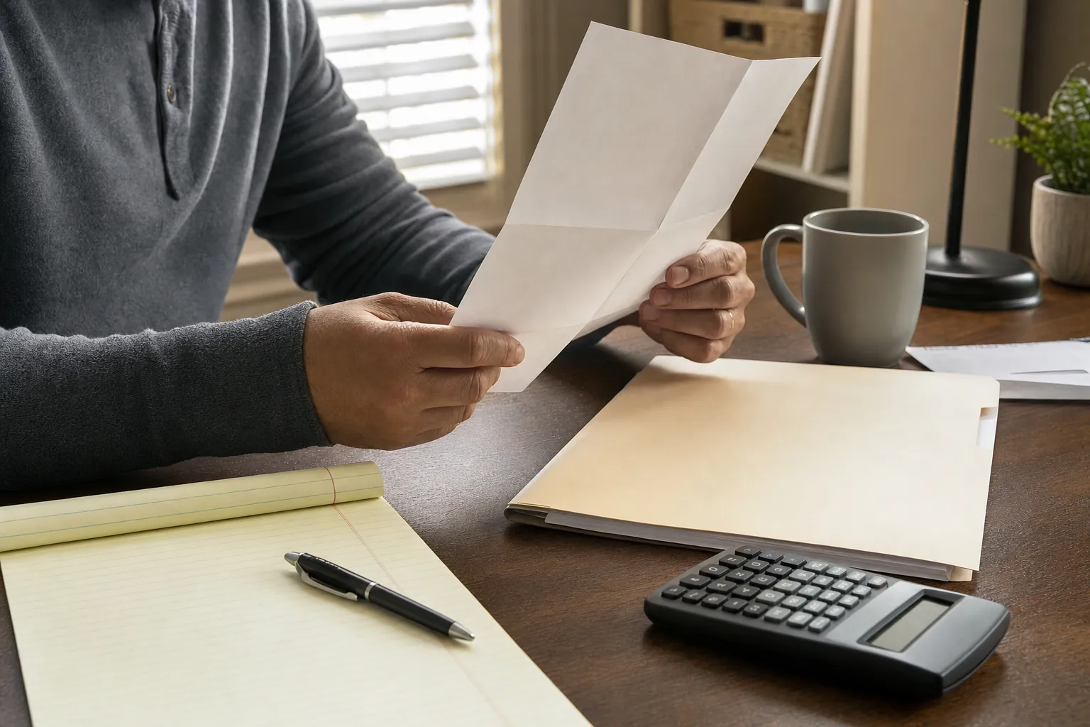 Person reading a generic tax notice beside a calculator, folder, and notepad at a home desk