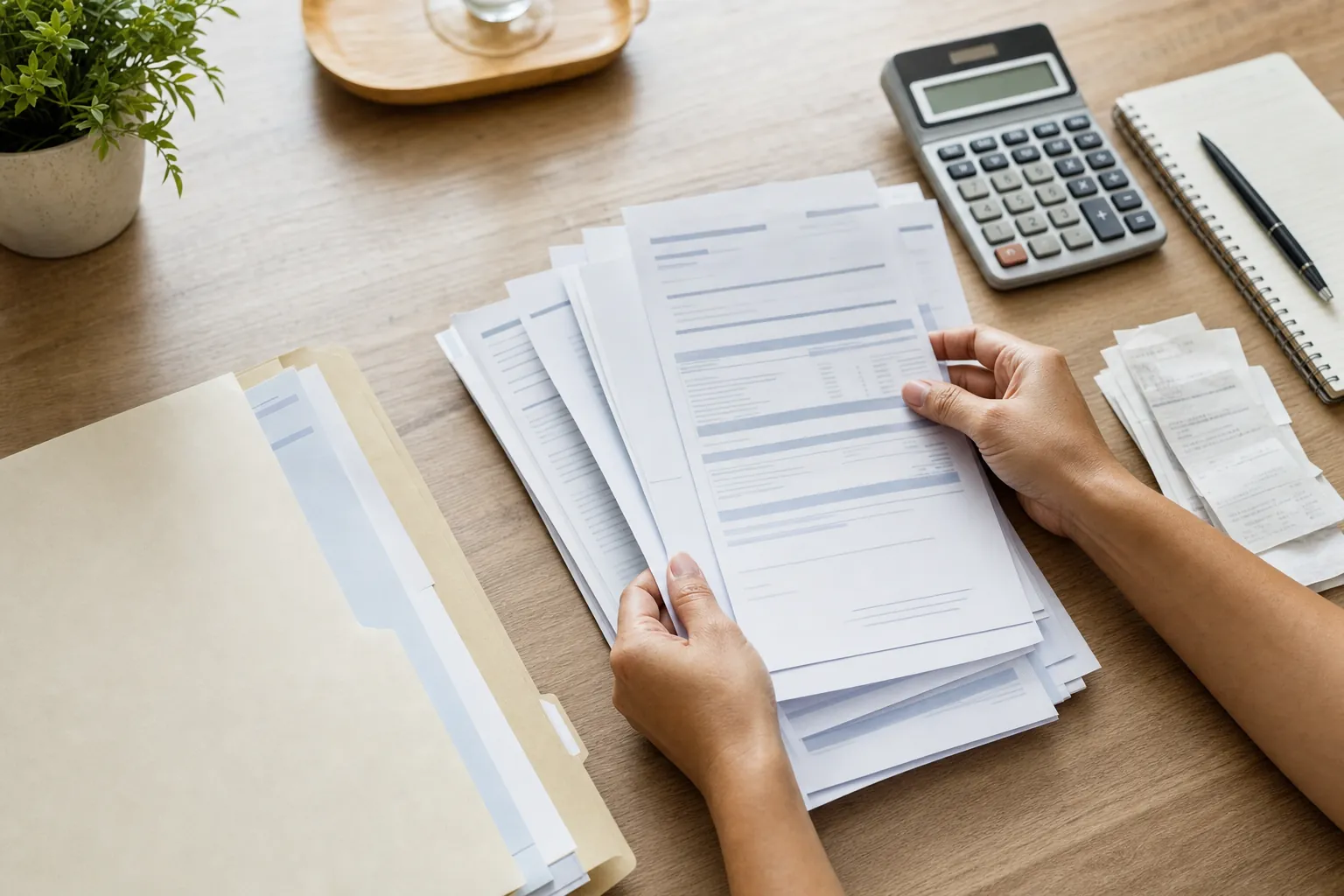 Hands organizing generic financial records, notices, receipts, a calculator, and folders on a desk