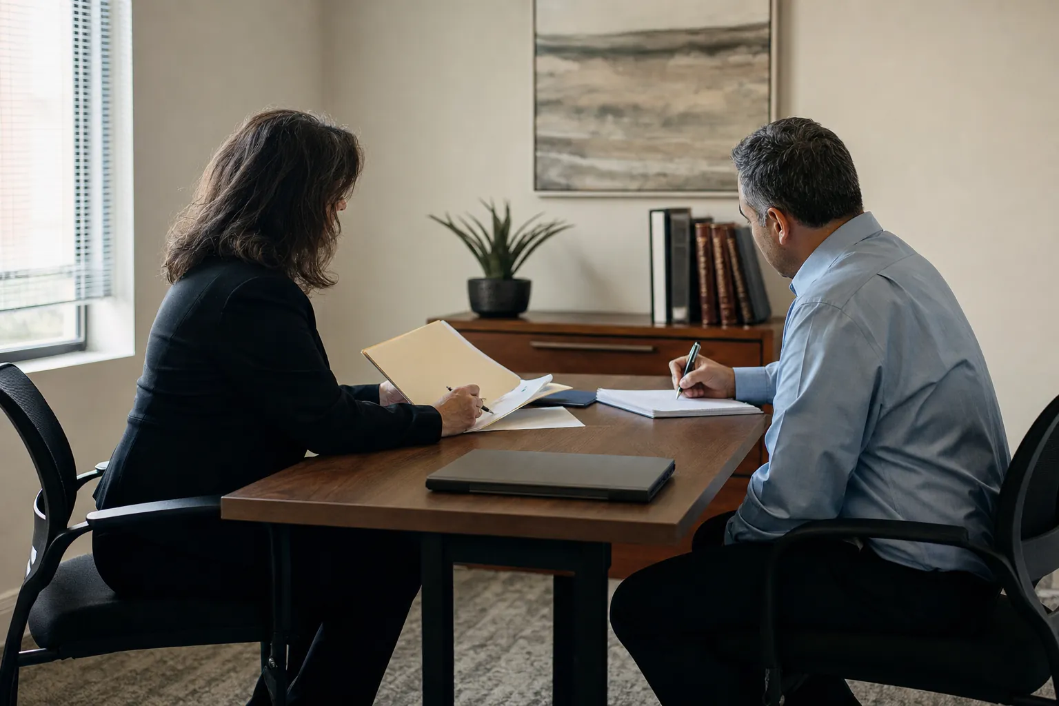 Tax professional and client reviewing a folder and taking notes during a confidential office conversation