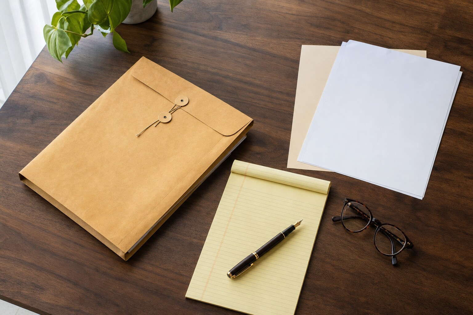 Organized tax dispute file, blank forms, legal pad, pen, and eyeglasses on a desk