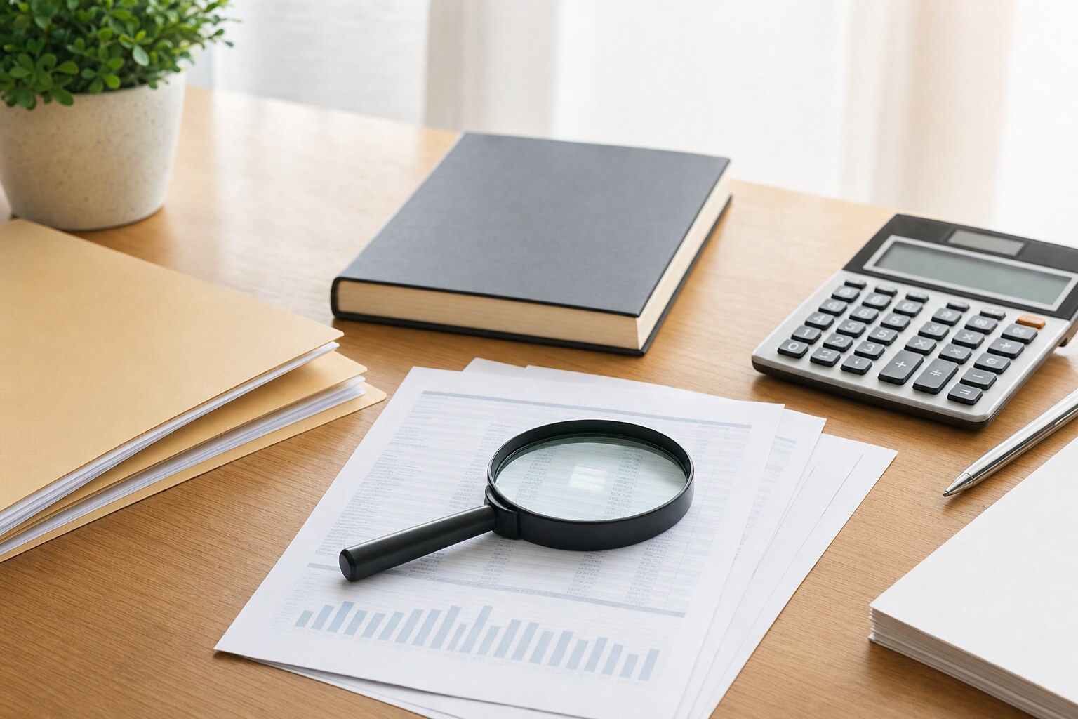 Magnifying glass, blank financial paperwork, calculator, and folders arranged on a desk