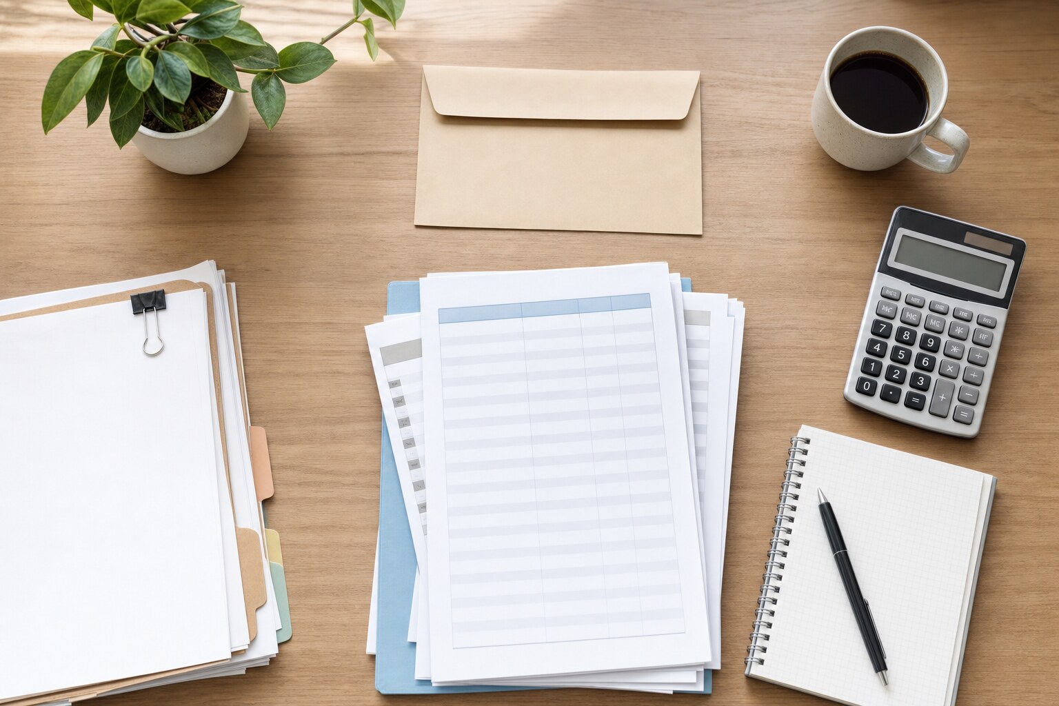 Plain envelope, financial records, calculator, notebook, and folders arranged on a desk