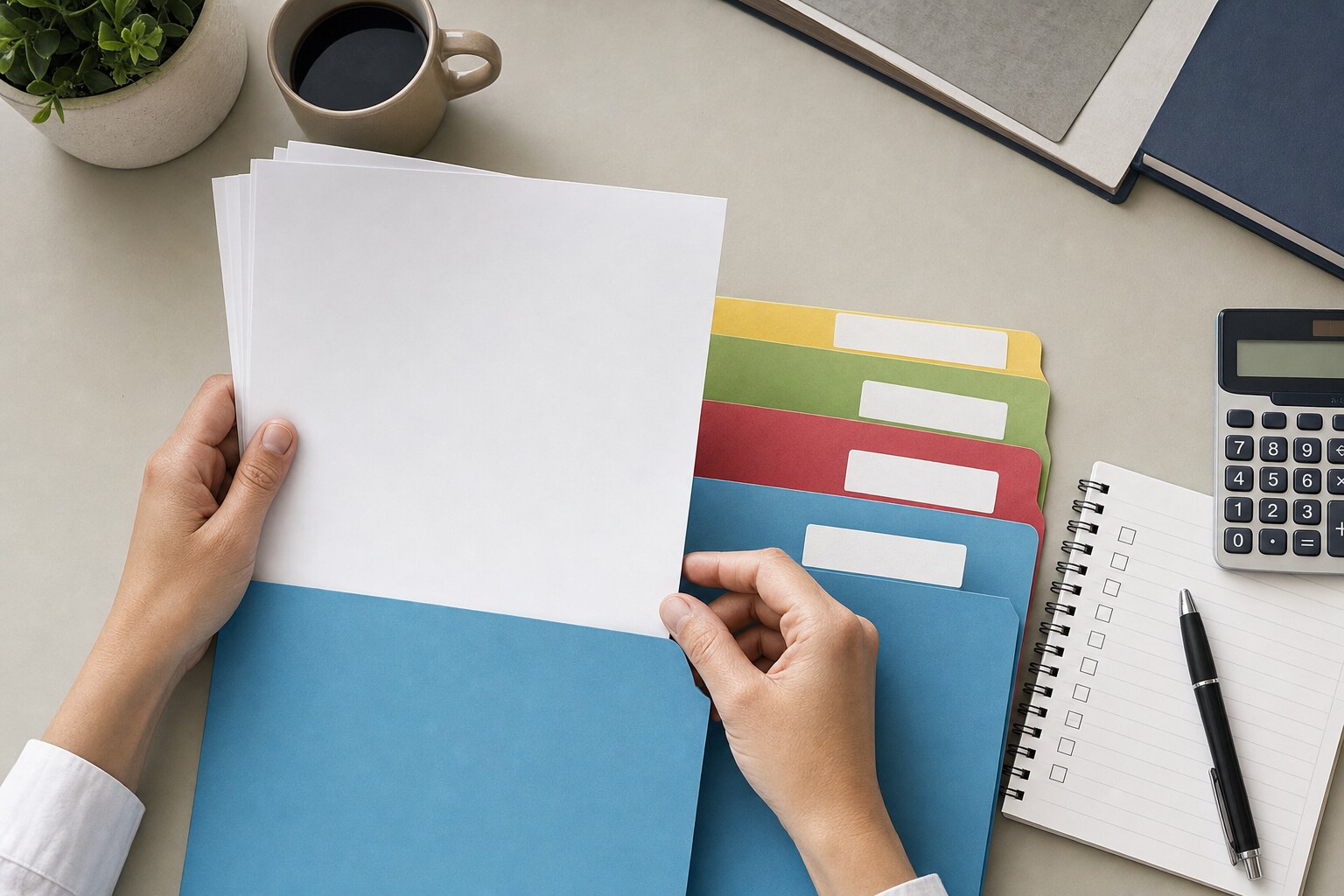 Hands sorting blank financial records into folders beside a checklist and calculator