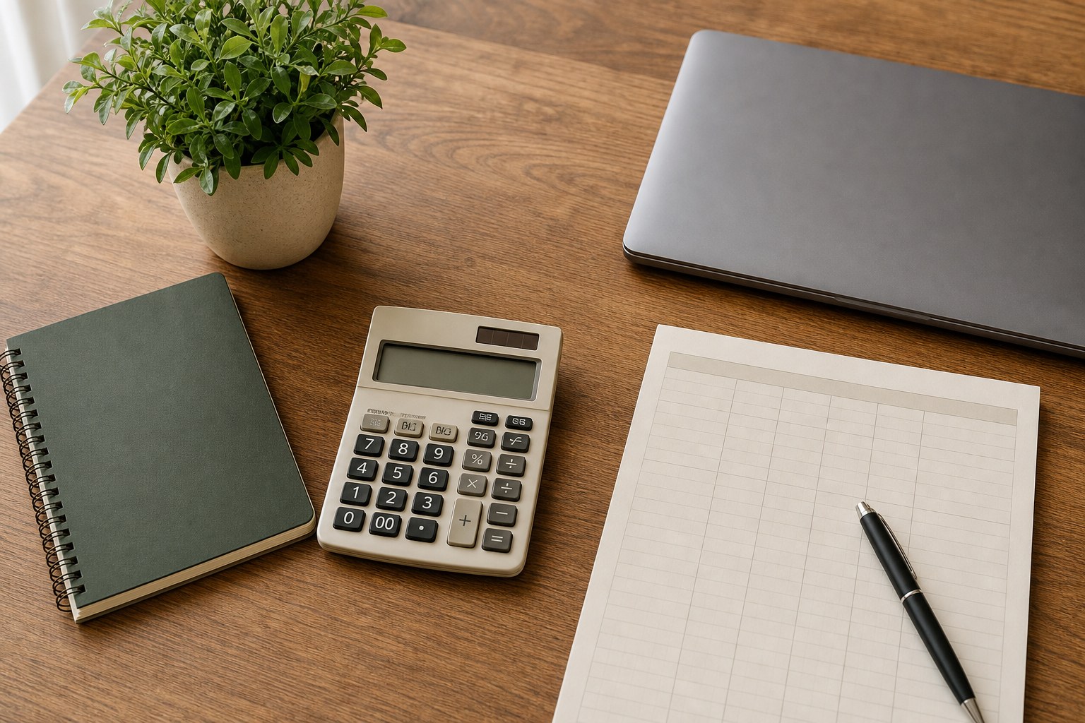 Calculator, blank ledger paper, notebook, pen, and laptop arranged on a wood desk