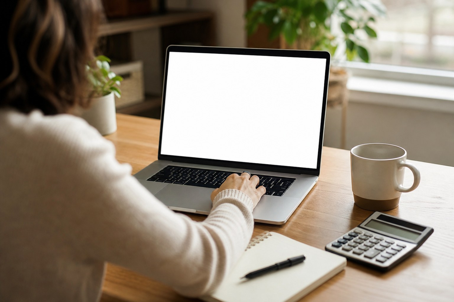 Person using a laptop, calculator, and notebook at a calm home desk