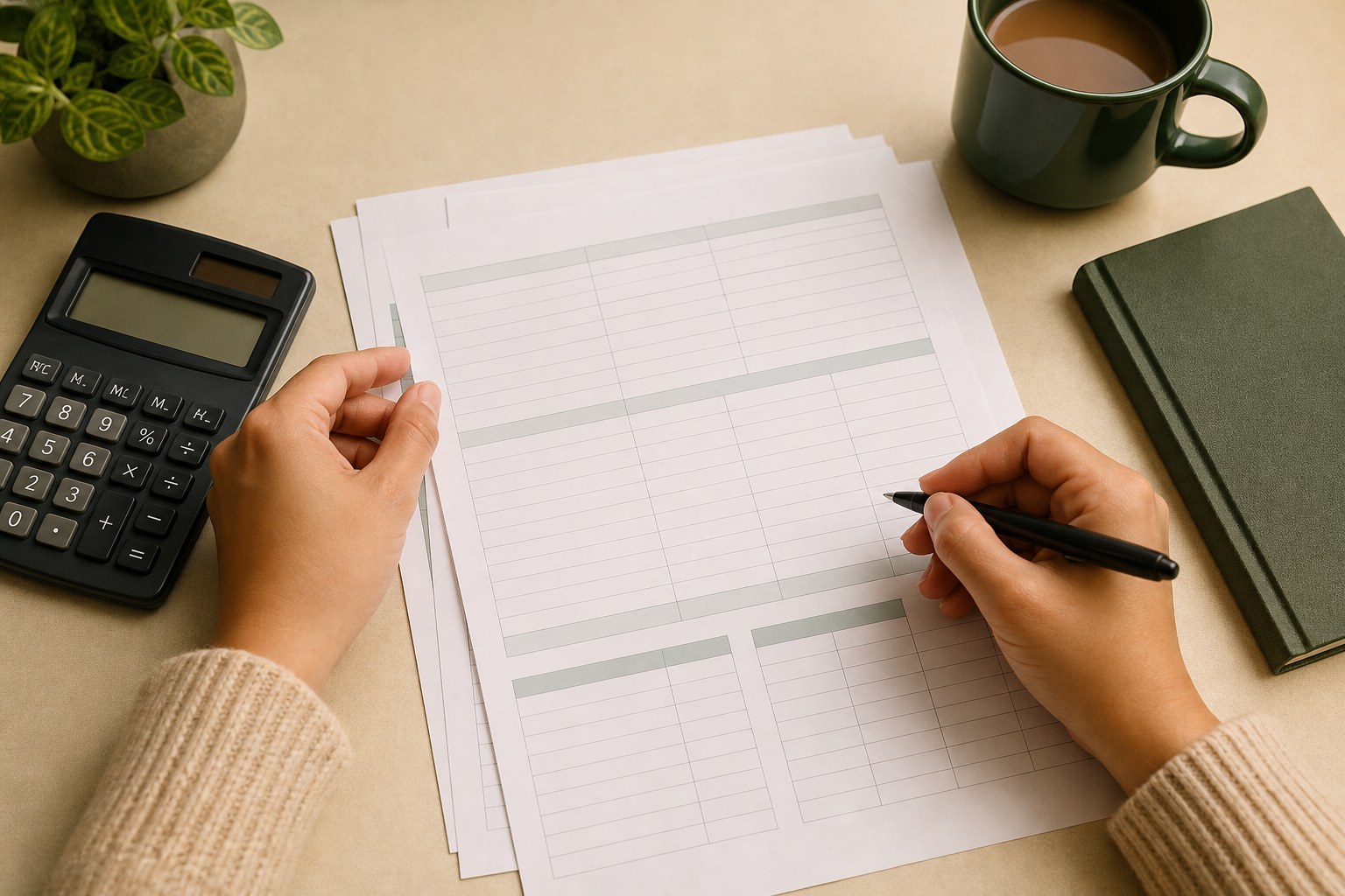 Hands organizing blank budget worksheets with a calculator and notebook