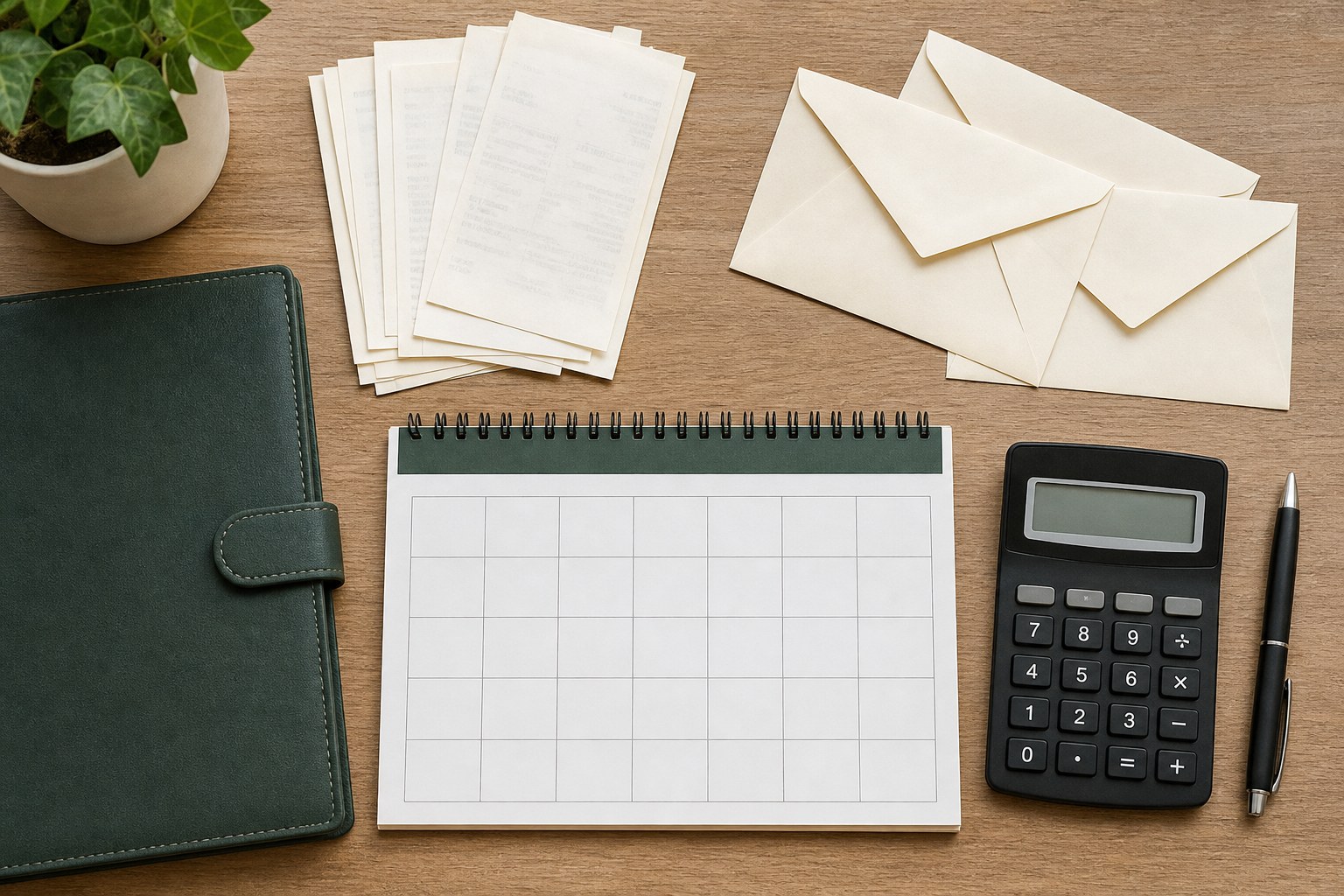 Organized envelopes, blank calendar, calculator, notebook, and pen prepared for a records review