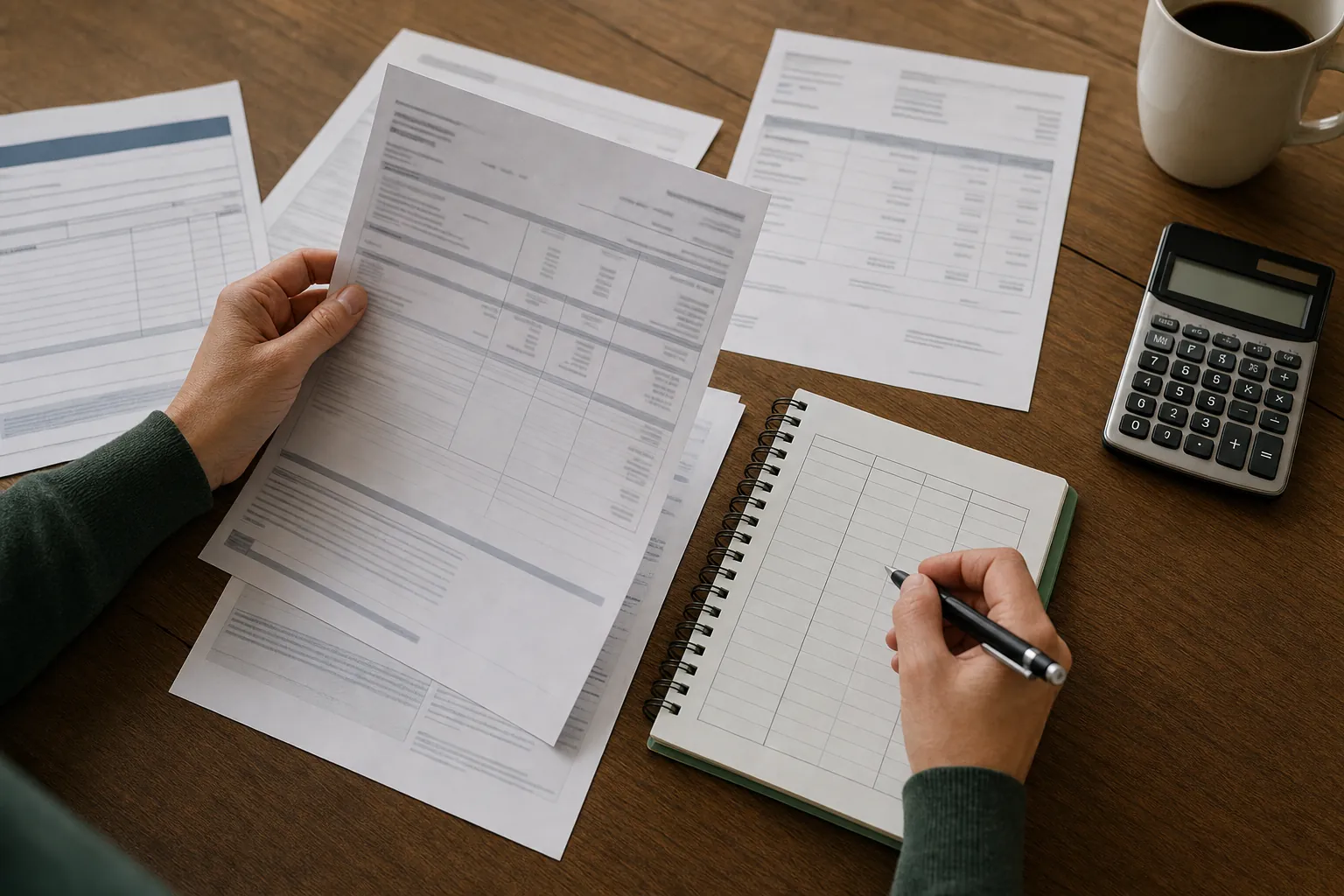 Household reviewing financial documents and writing figures in a notebook