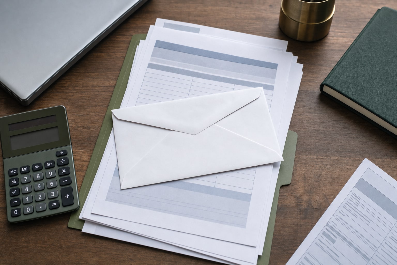 Generic bank and income documents, sealed envelope, and calculator on a desk