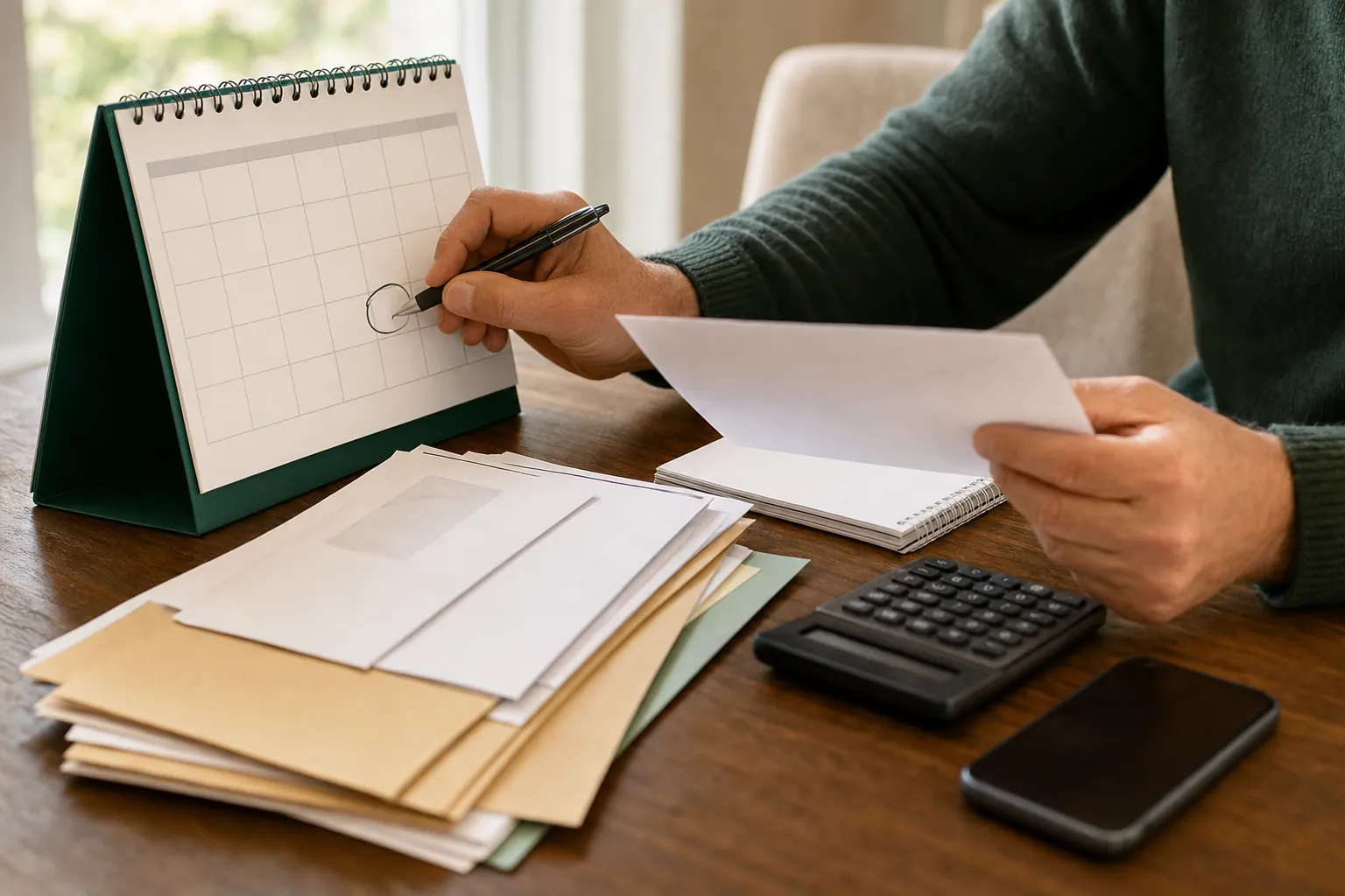 Person marking a deadline on a blank calendar while reviewing tax paperwork