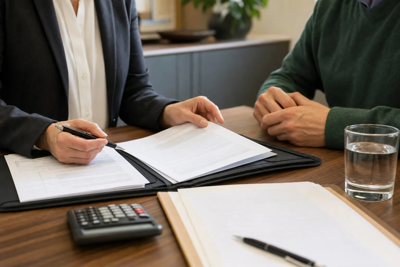 Tax professional and client reviewing paperwork across a desk