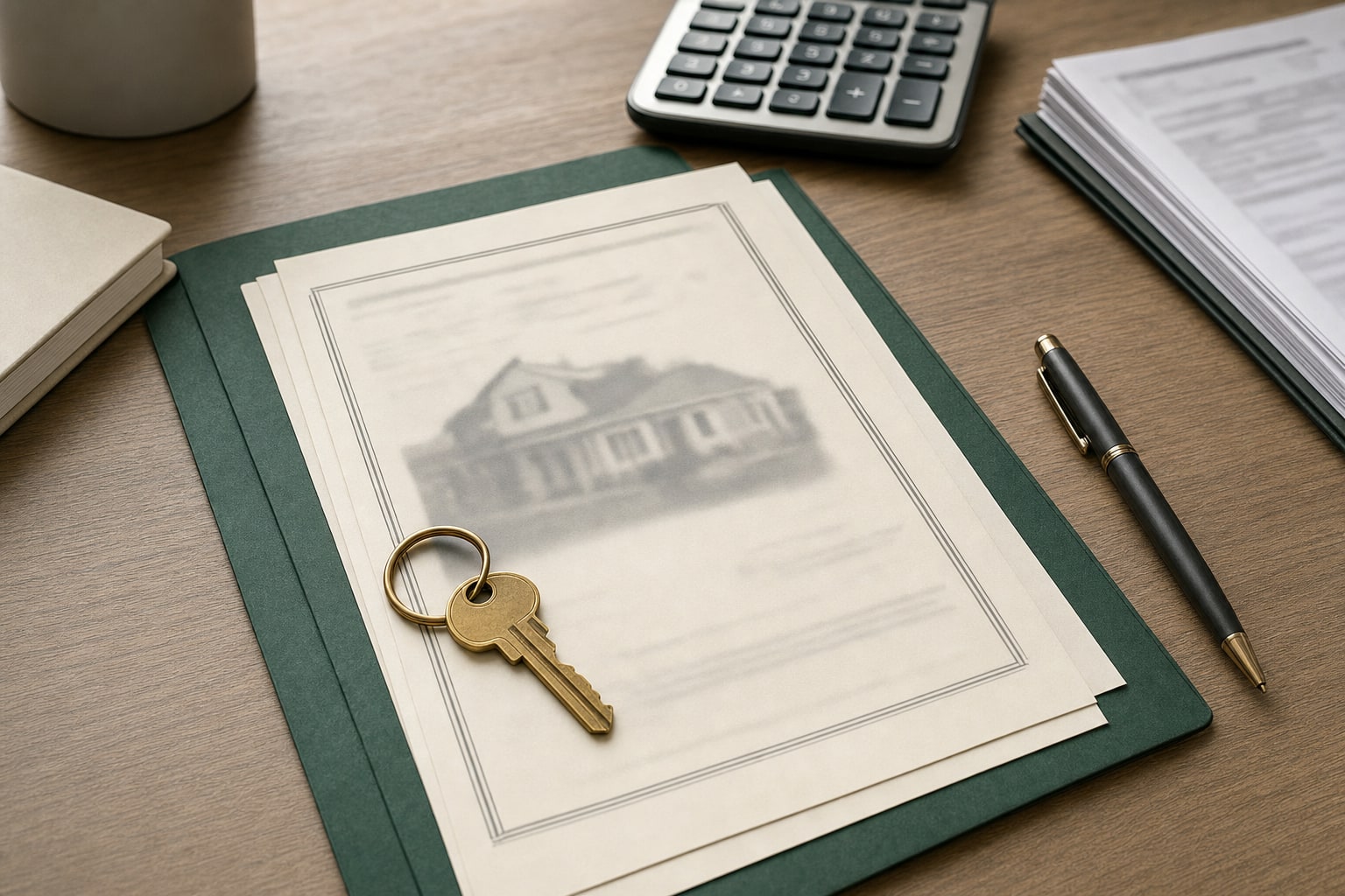 Generic property records, house key, calculator, and pen prepared for review