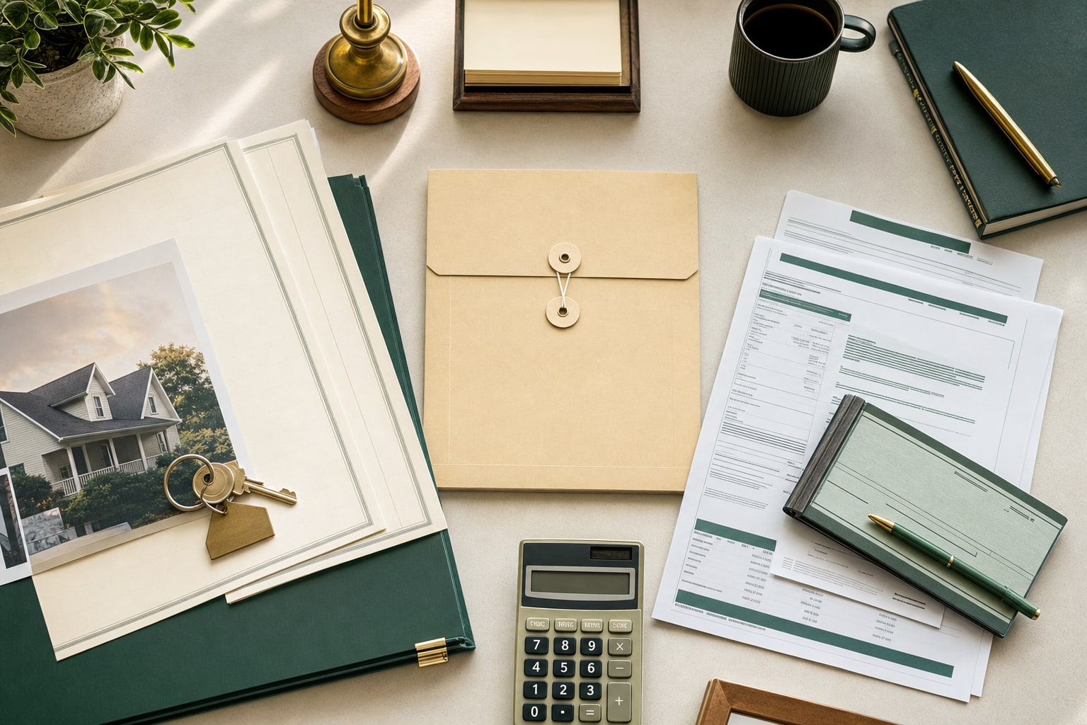 Generic property paperwork, bank documents, calculator, and sealed envelope organized on a desk