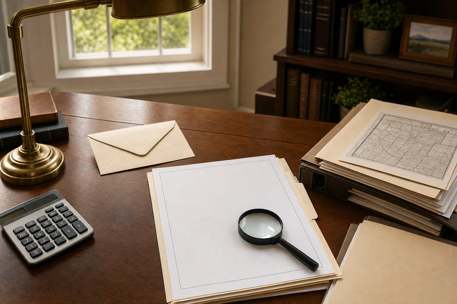 Generic tax correspondence, a magnifying glass, calculator, and organized property records on a desk