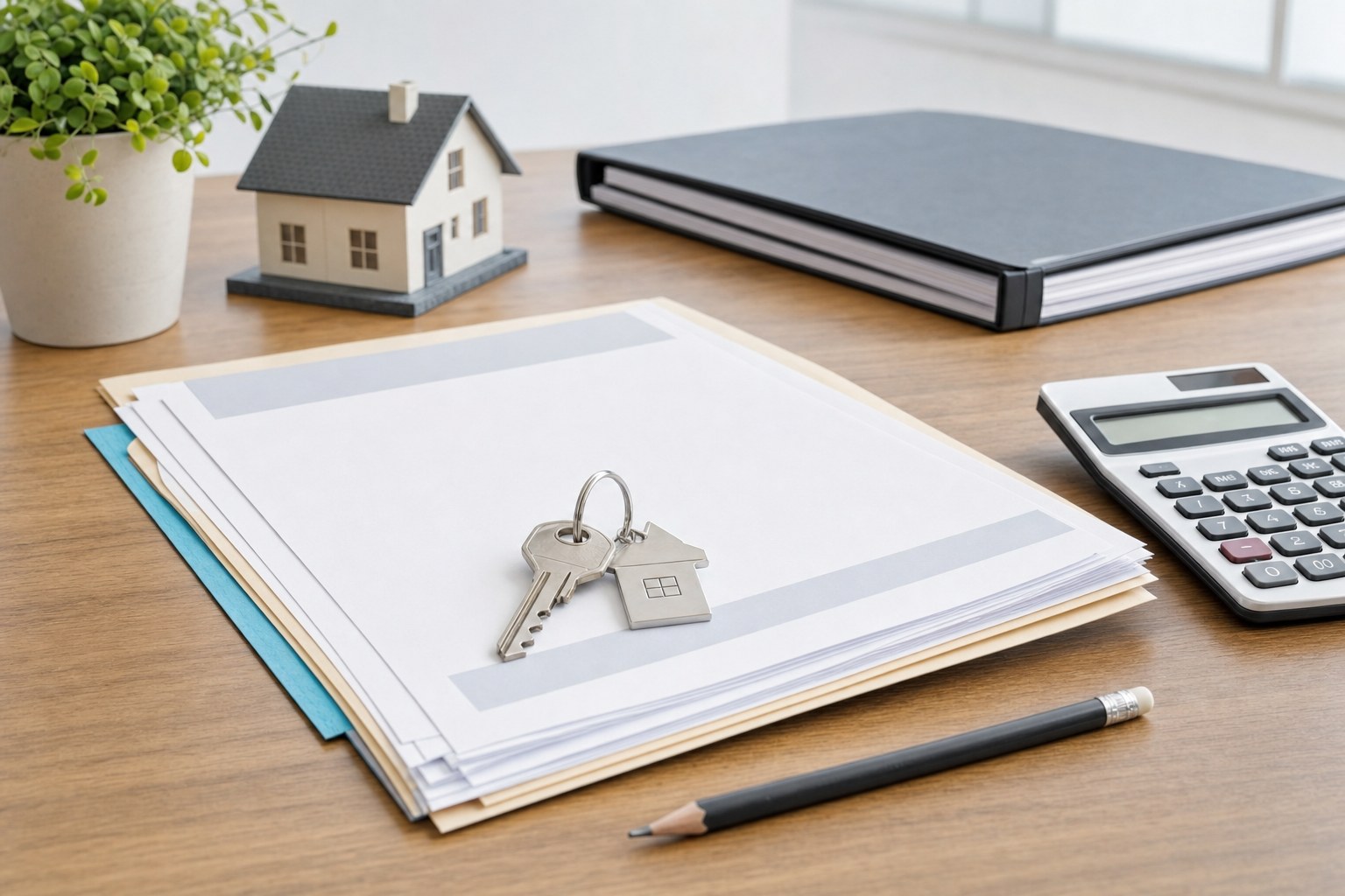 Generic property documents, house keys, folder, and calculator organized on a desk