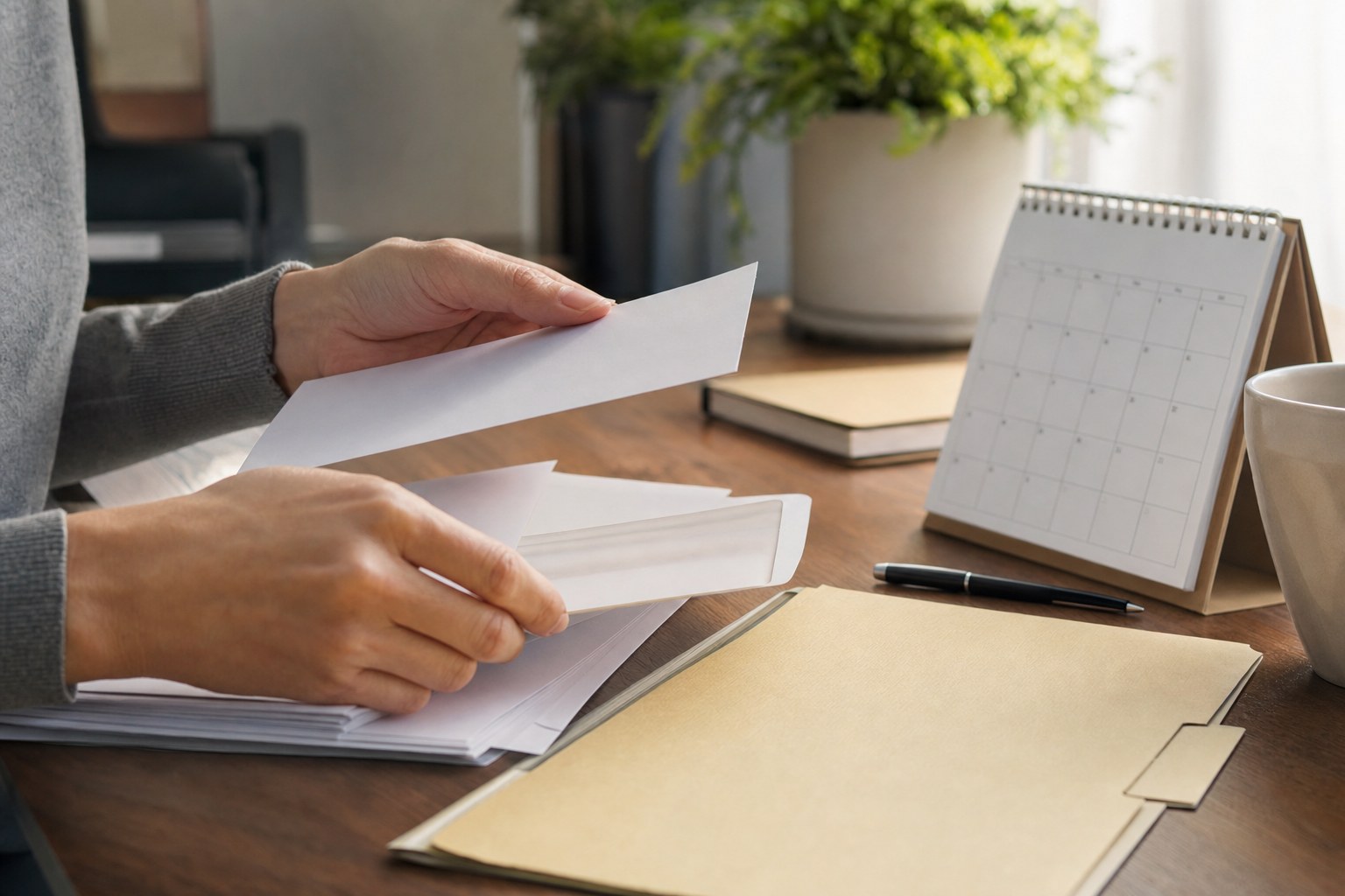 Person organizing generic correspondence, a calendar, and a file folder at a desk