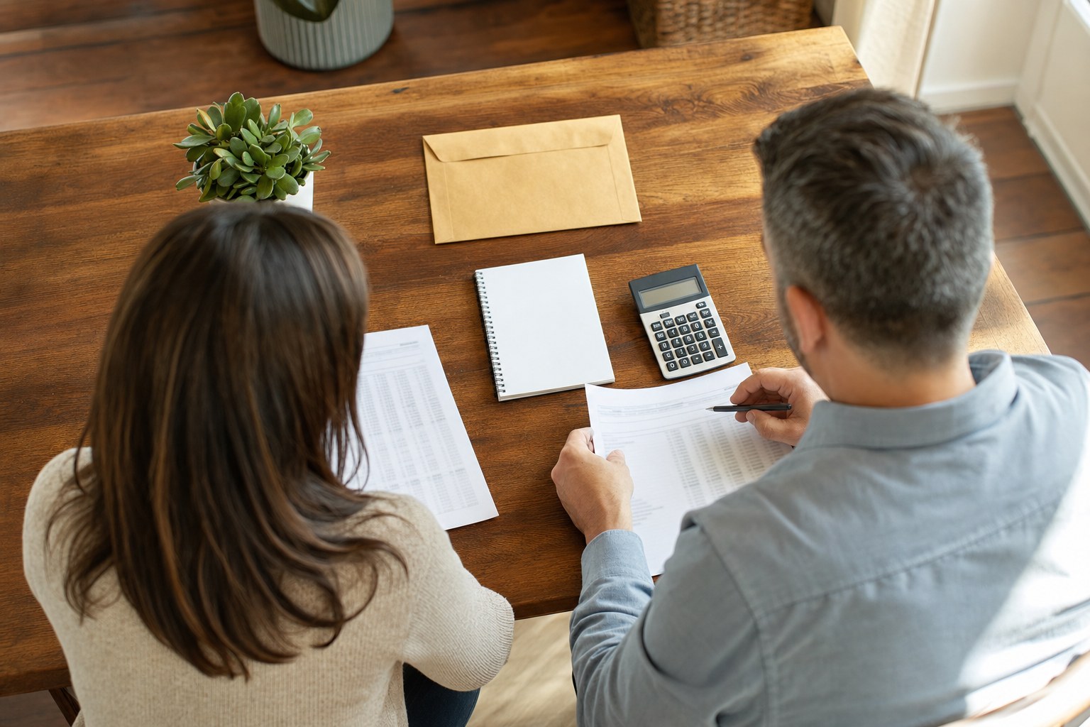 Two people reviewing generic financial records, a calculator, and a sealed envelope at a private table