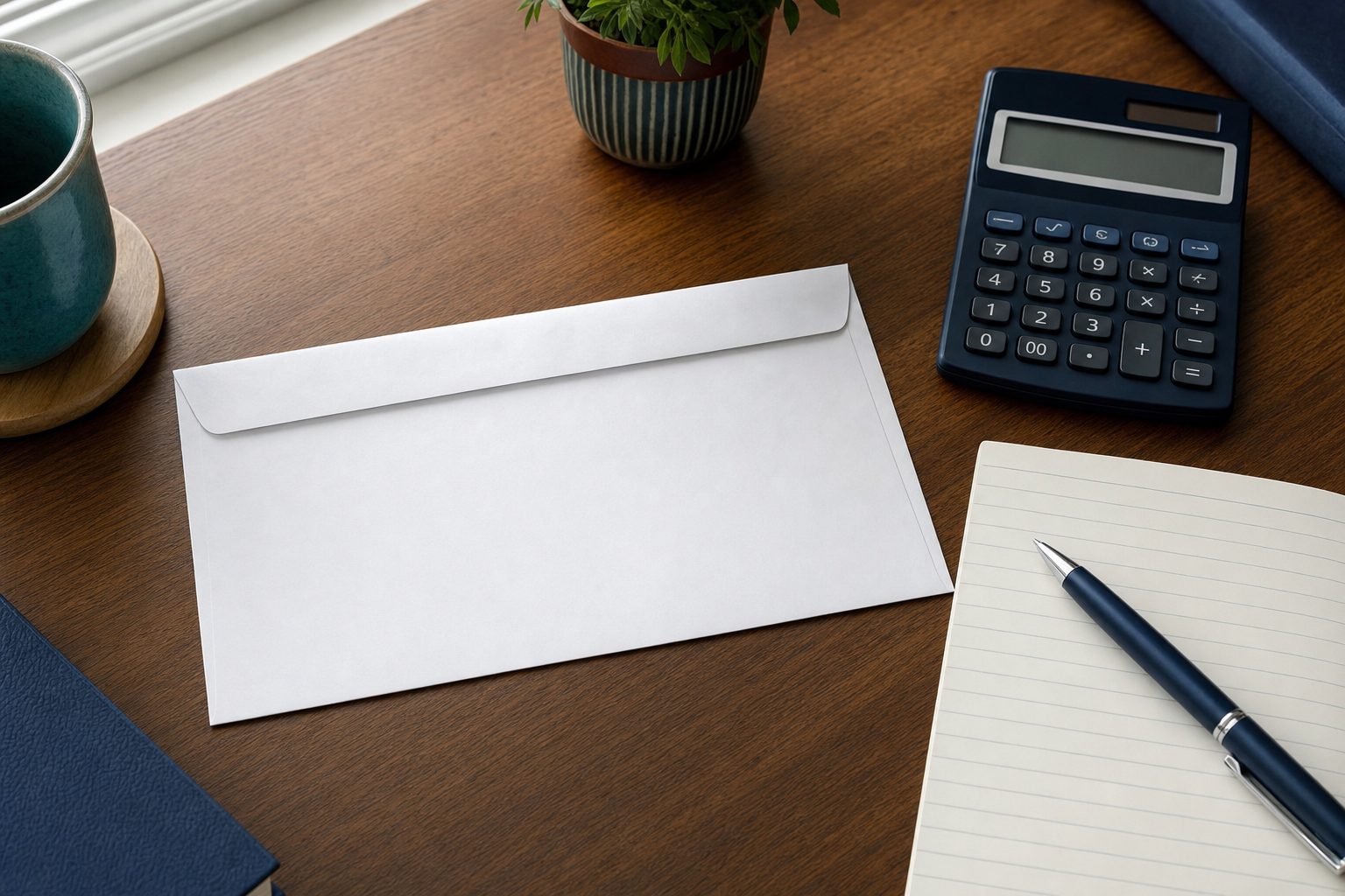 Generic notice envelope, calculator, notepad, and pen arranged on a warm desk